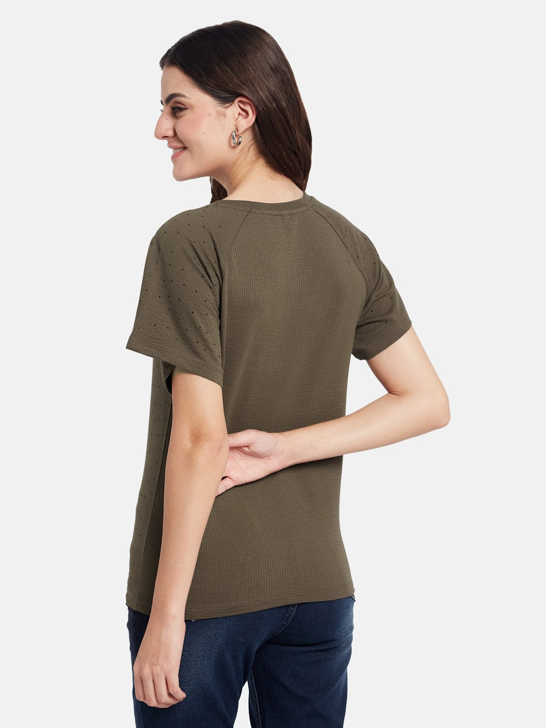 METTLE Cut Outs Round Neck Casual T-shirt