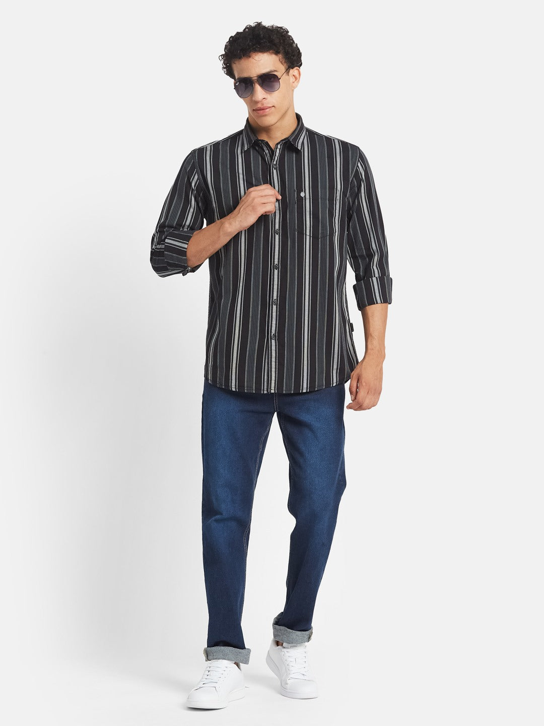 METTLE Men Vertical Striped Spread Collar Cotton Casual Shirt
