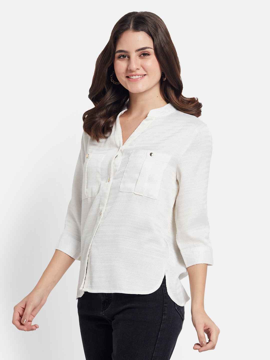 METTLE Women Solid Mandarin Collar Cotton Casual Shirt