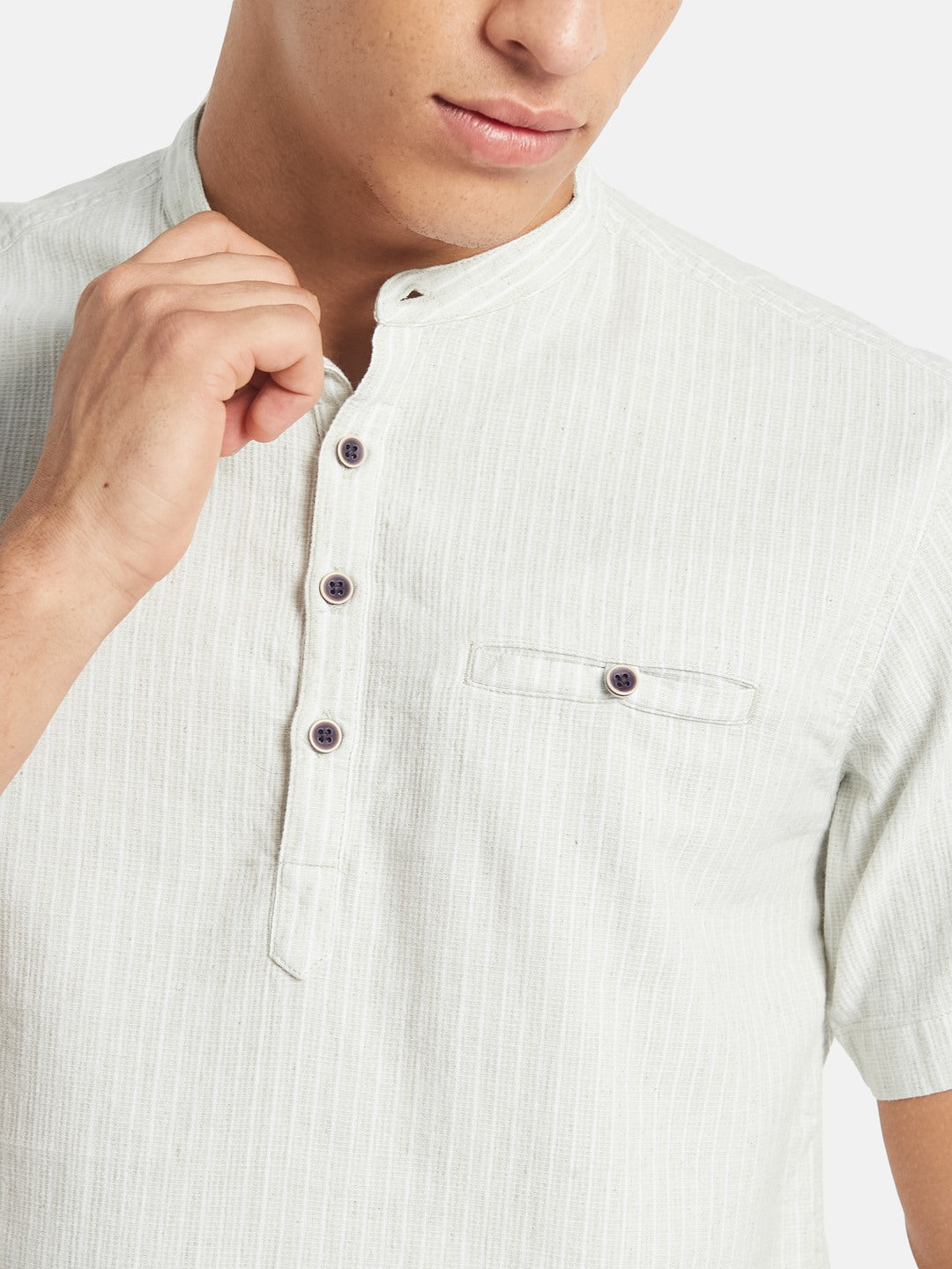 METTLE SS25 Vertical Striped Mandarin Collar Cotton Casual Shirt