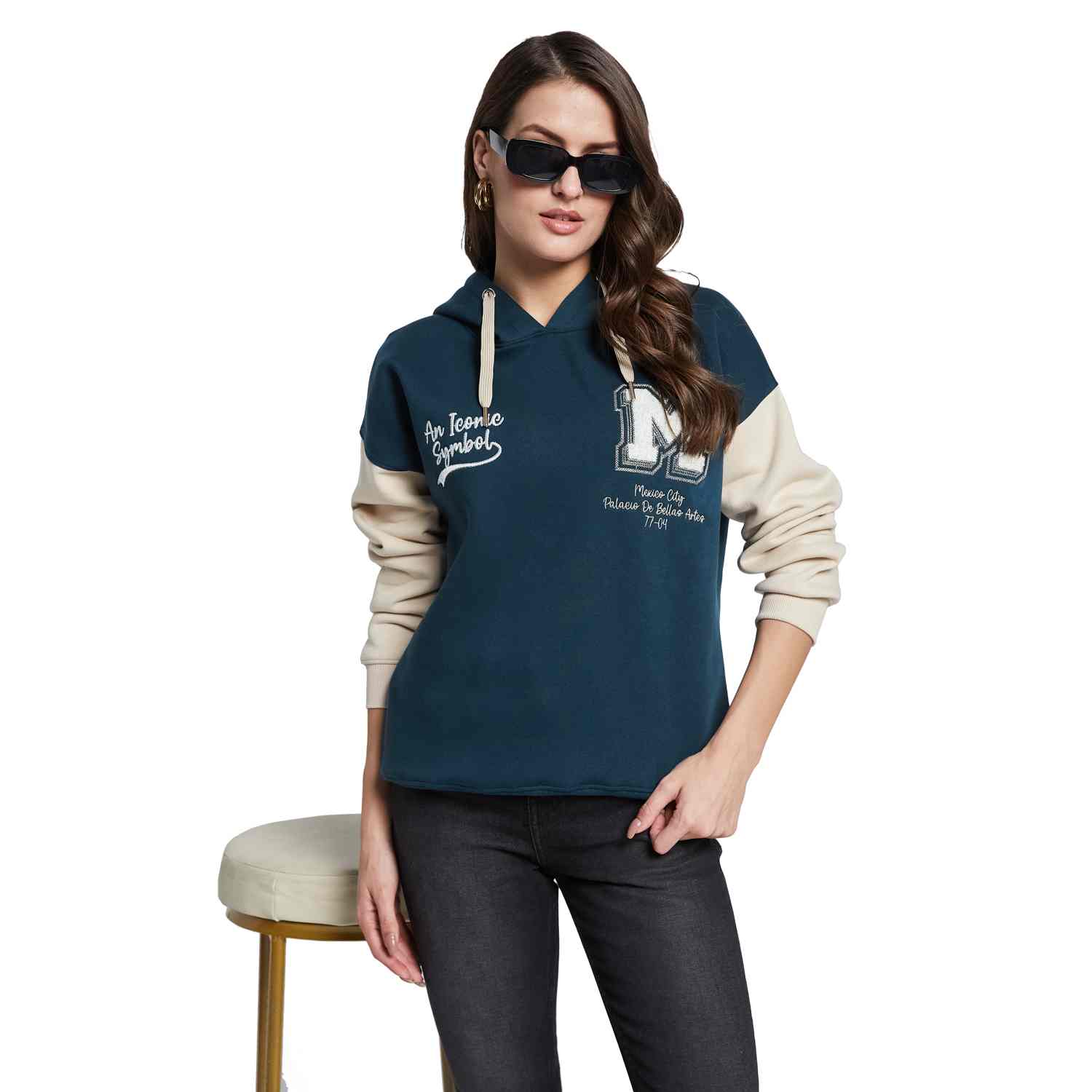 METTLE Women Printed Hooded Sweatshirt