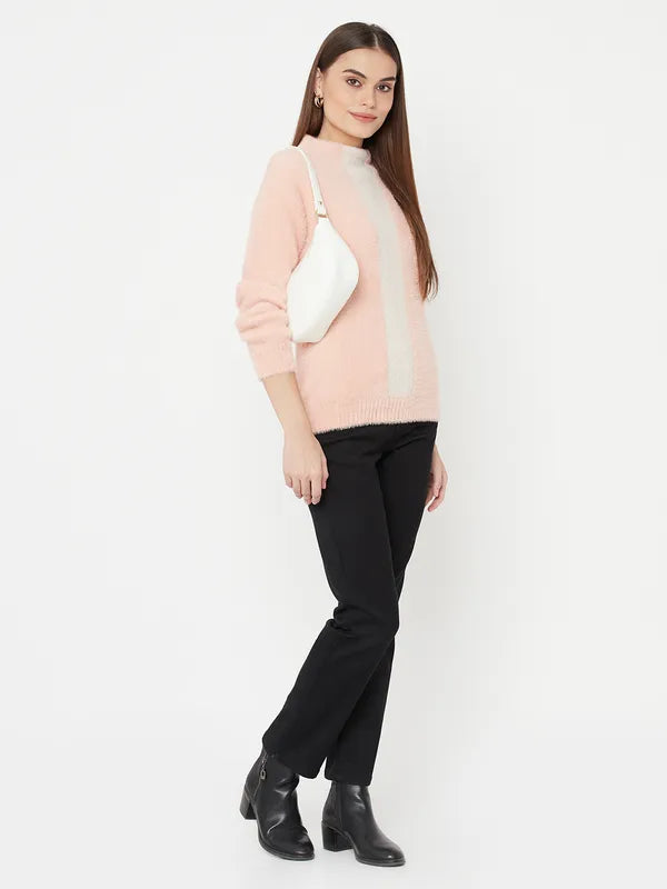 Pink White Colourblocked Fur Full Sleeve Pullover Sweater