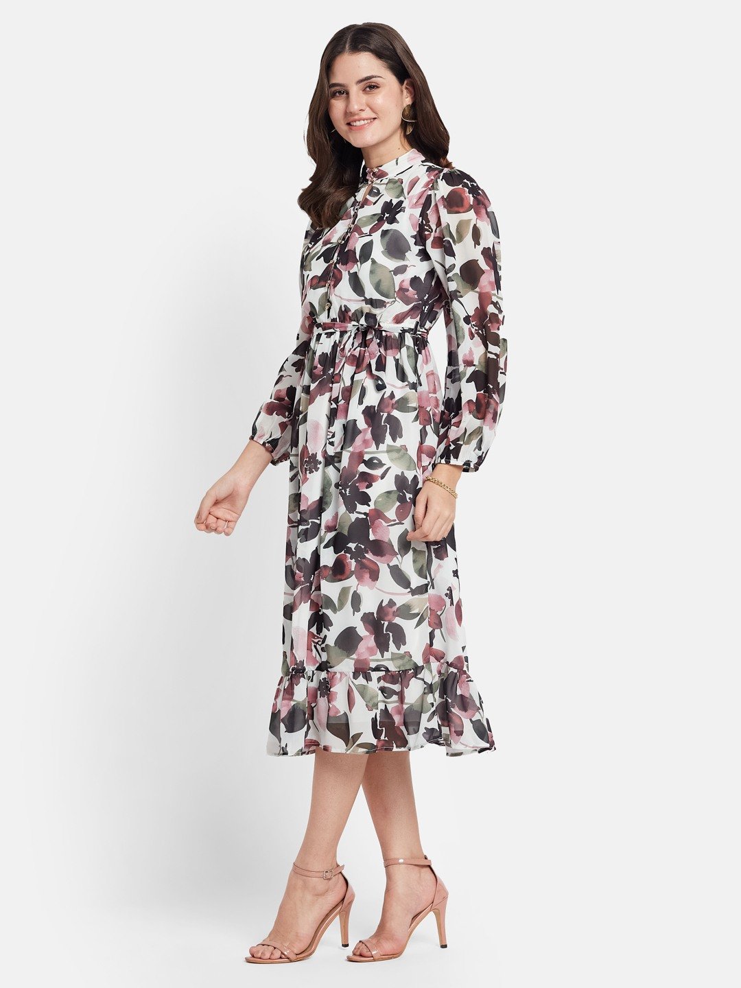 METTLE Floral Printed Mock Neck Puff Sleeves Cotton Fit & Flare Midi Dress