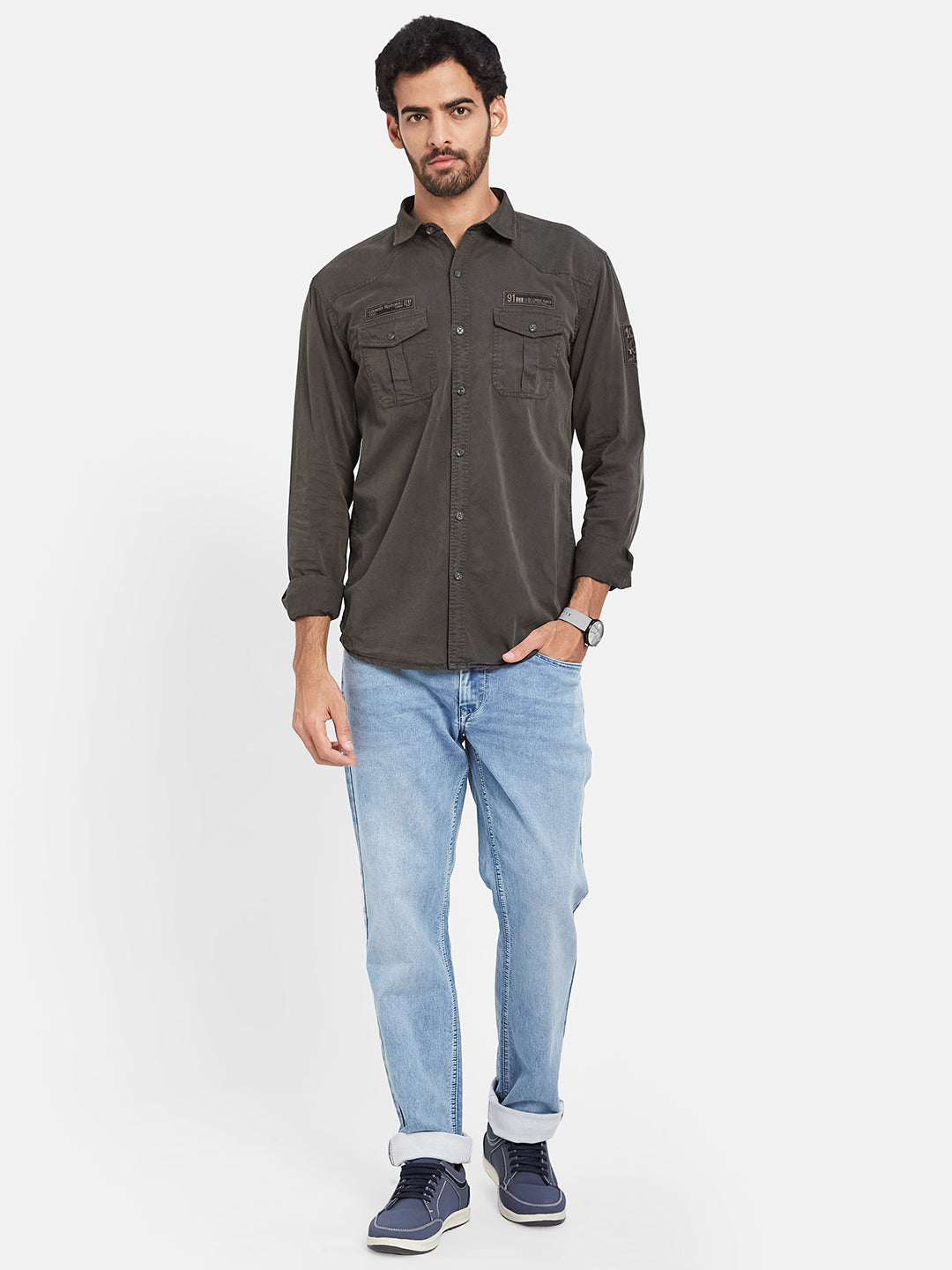 Mettle Spread Collar Long Sleeves Casual Cotton Shirt