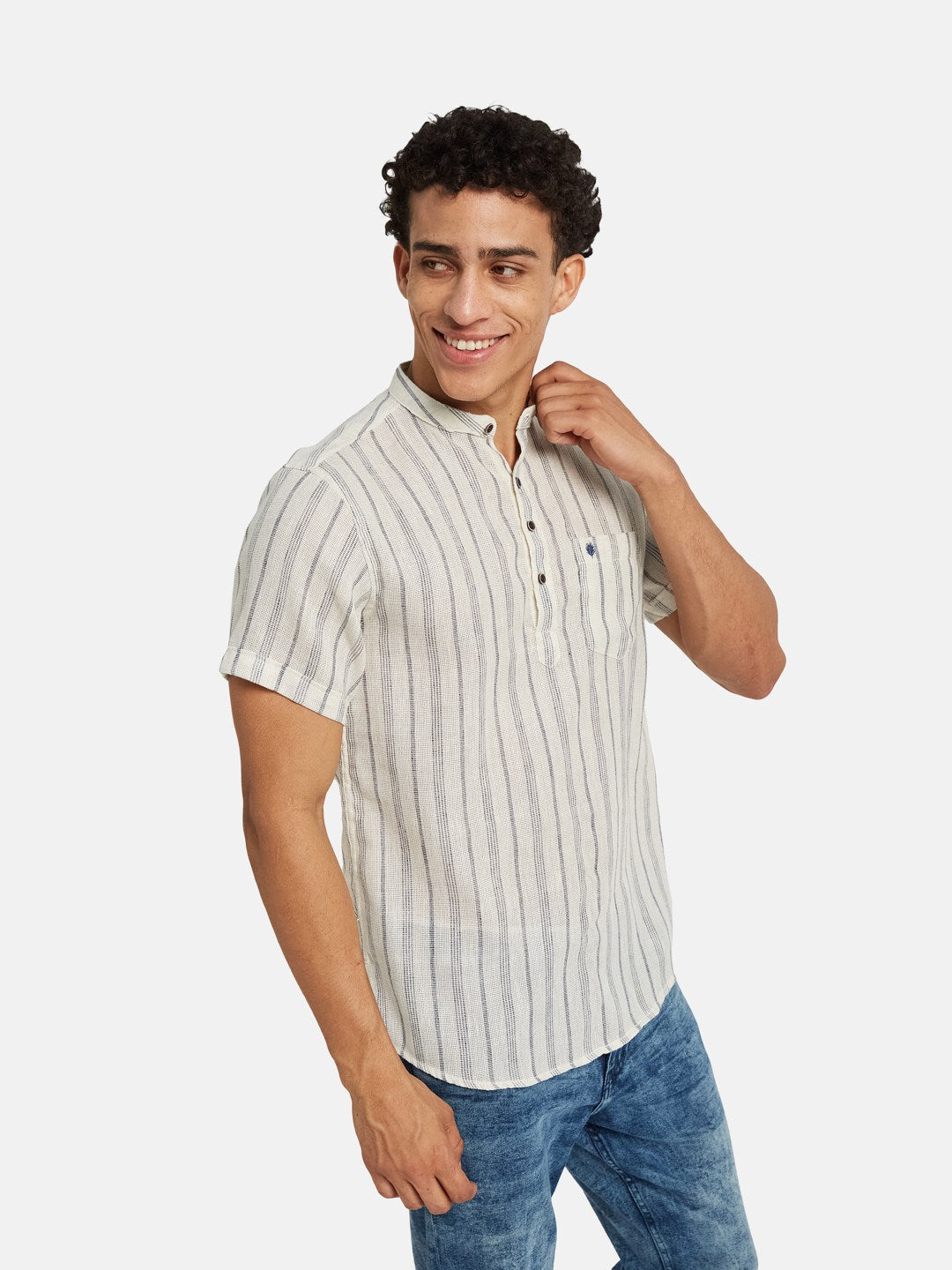 METTLE Striped Short Sleeves Mandarin Collar Cotton Opaque Regular Fit Casual Shirt