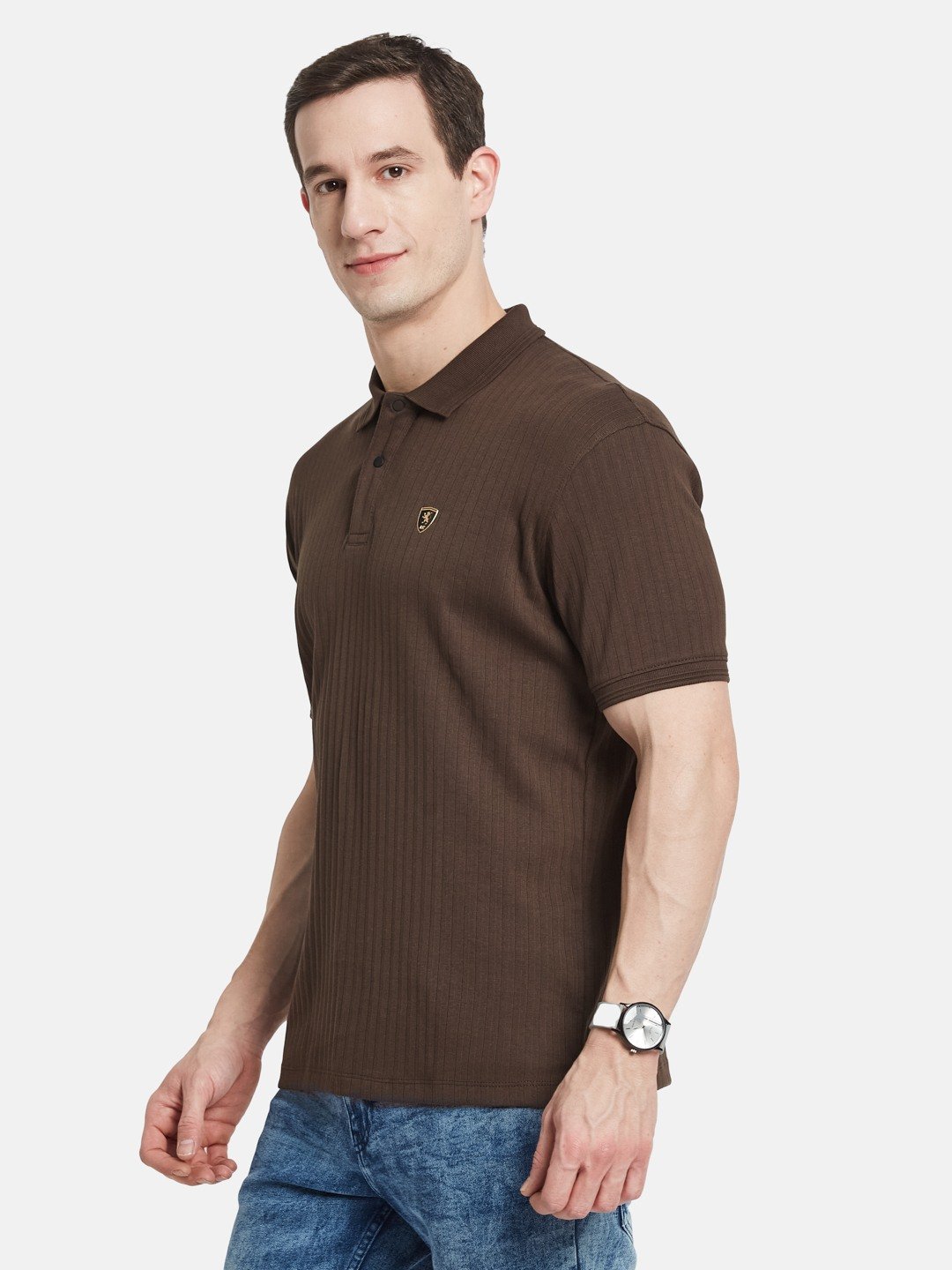 VERTICAL STRIPE POLO NECK RIB STRUCTURE T-SHIRT