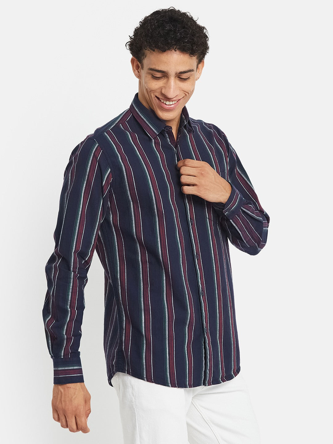 METTLE Men Vertical Striped Spread Collar Cotton Casual Shirt