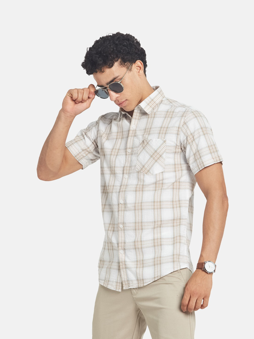 METTLE SS25 Checked Spread Collar Cotton Casual Shirt