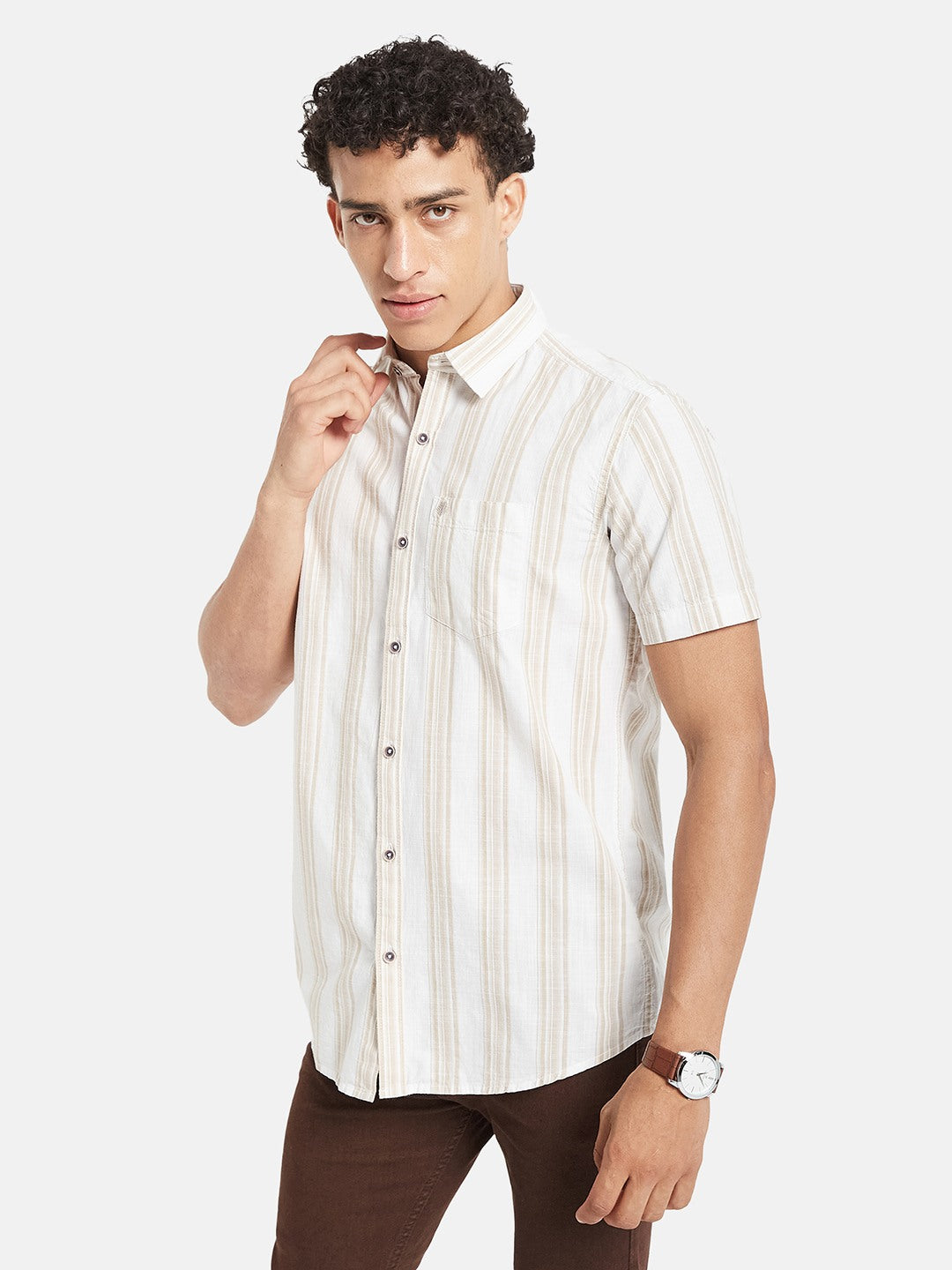 METTLE SS25 Vertical Striped Spread Collar Cotton Casual Shirt