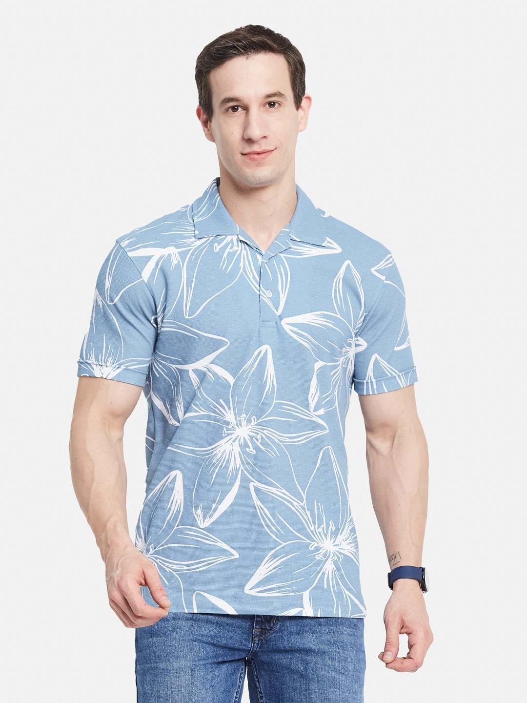 Octave Men Floral Printed Polo Collar Tropical T-shirt