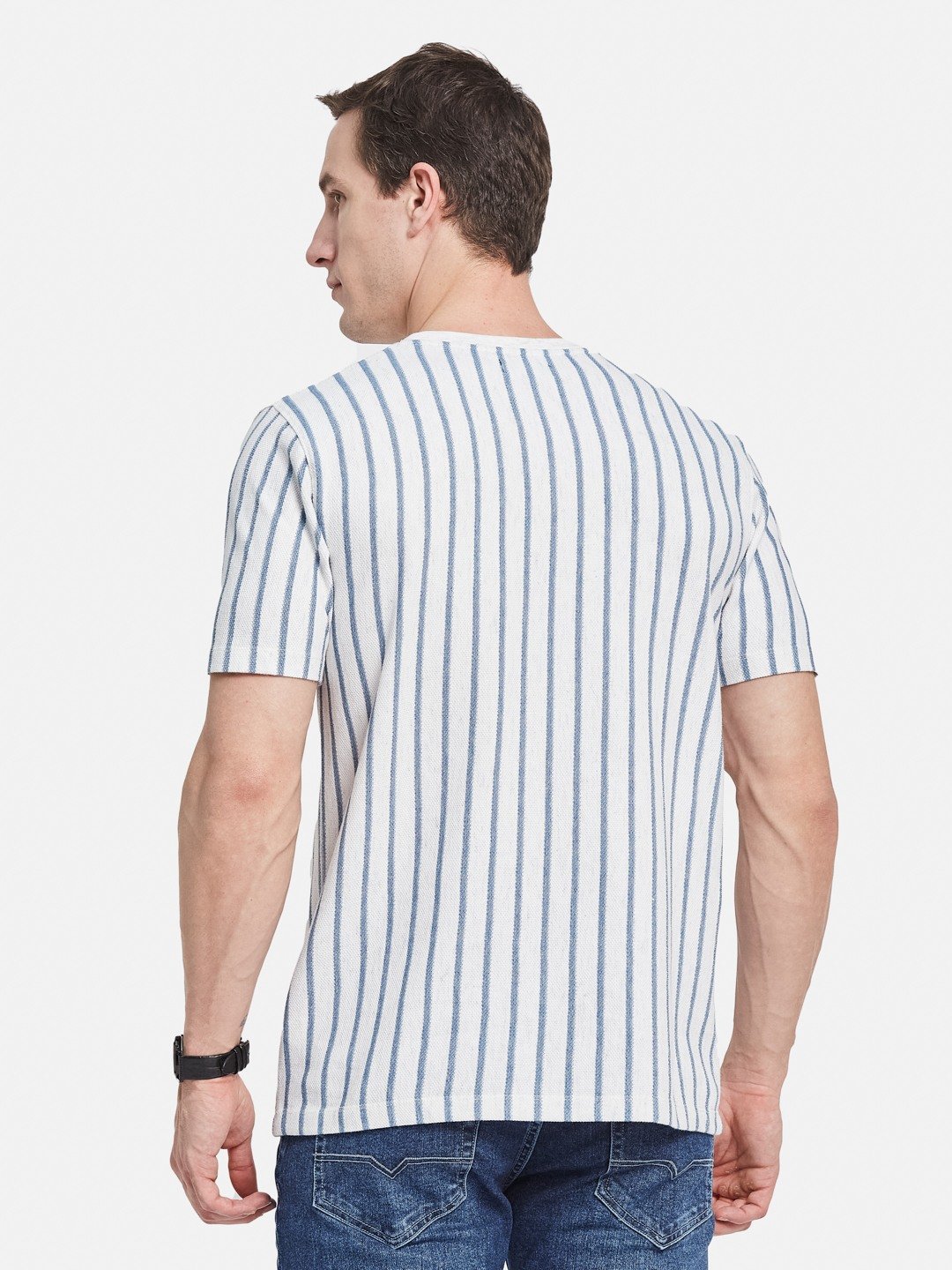 VERTICAL STRIPE ROUND NECK POPCORN KNIT  T-SHIRT