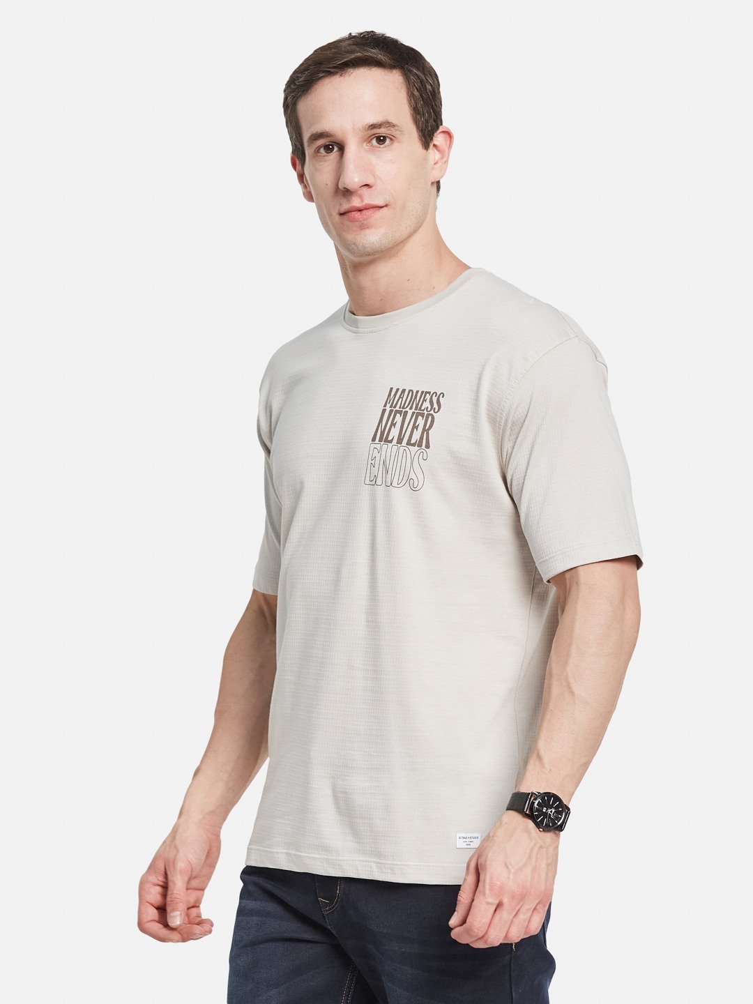 VERTICAL DENTED STRIPE ROUND NECK  LYCRA T-SHIRT