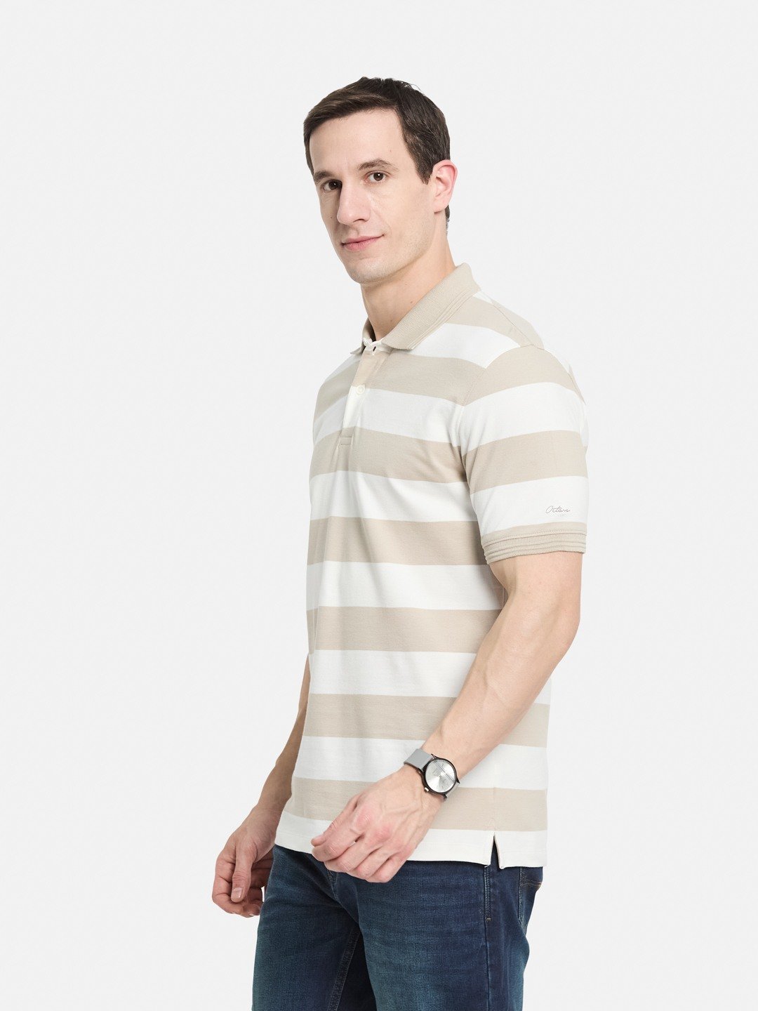 STRIPE POLO NECK PIQUE LYCRA T-SHIRT