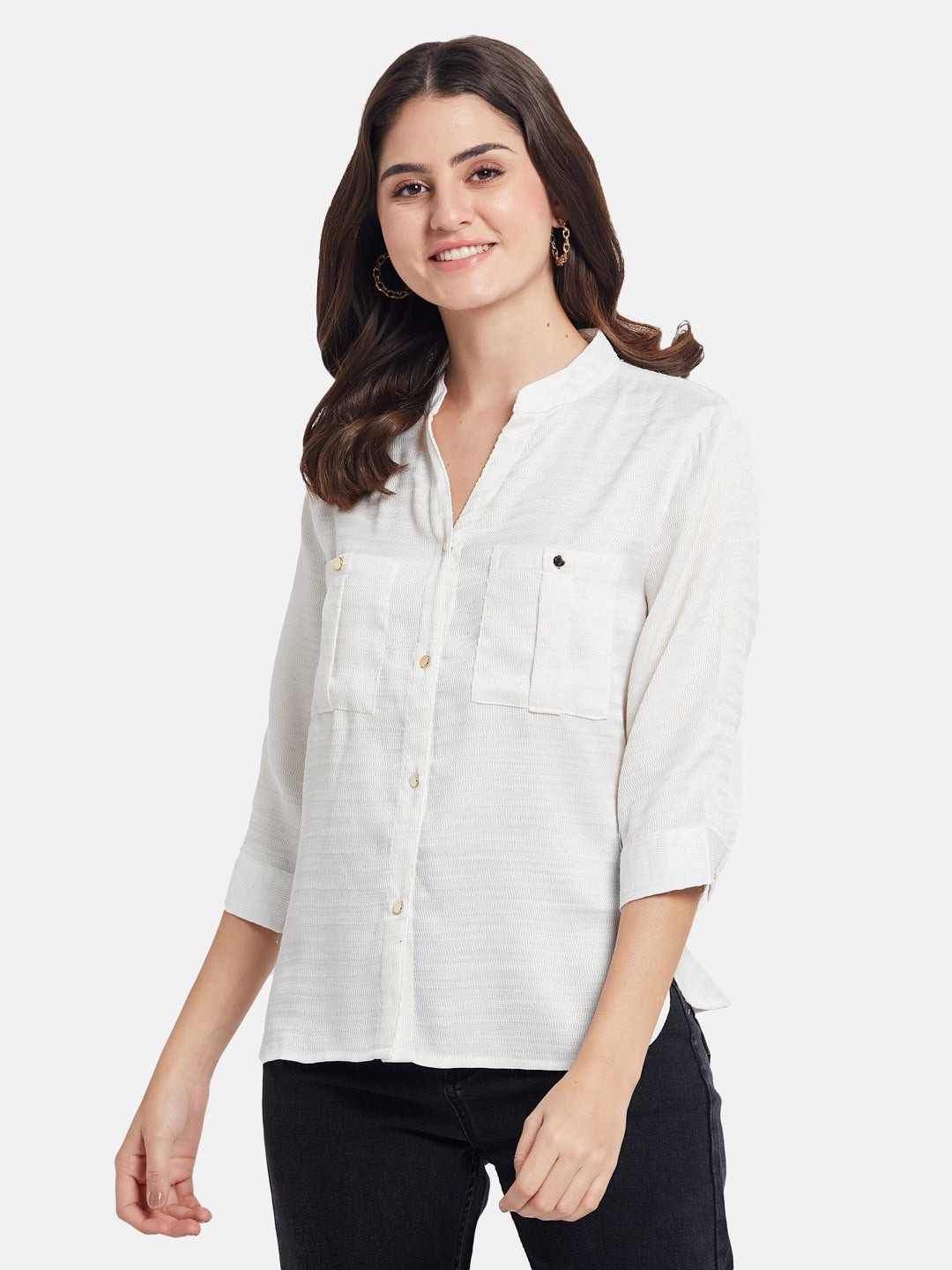 METTLE Women Solid Mandarin Collar Cotton Casual Shirt