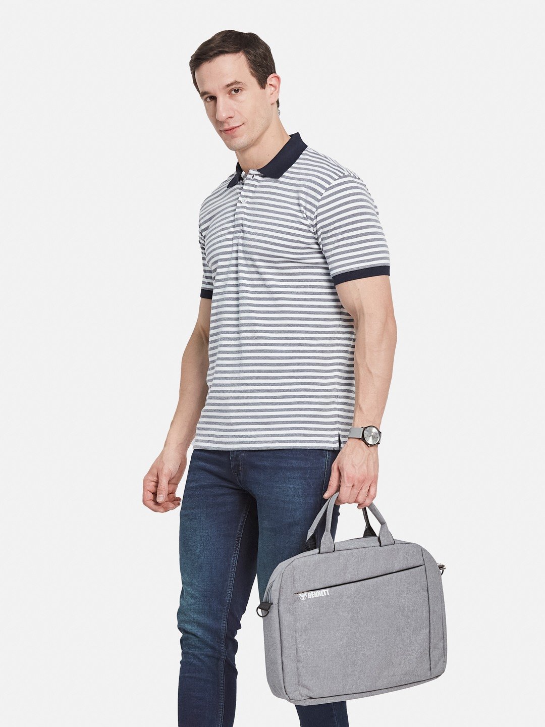 Octave Men Striped Polo Collar Monochrome T-shirt
