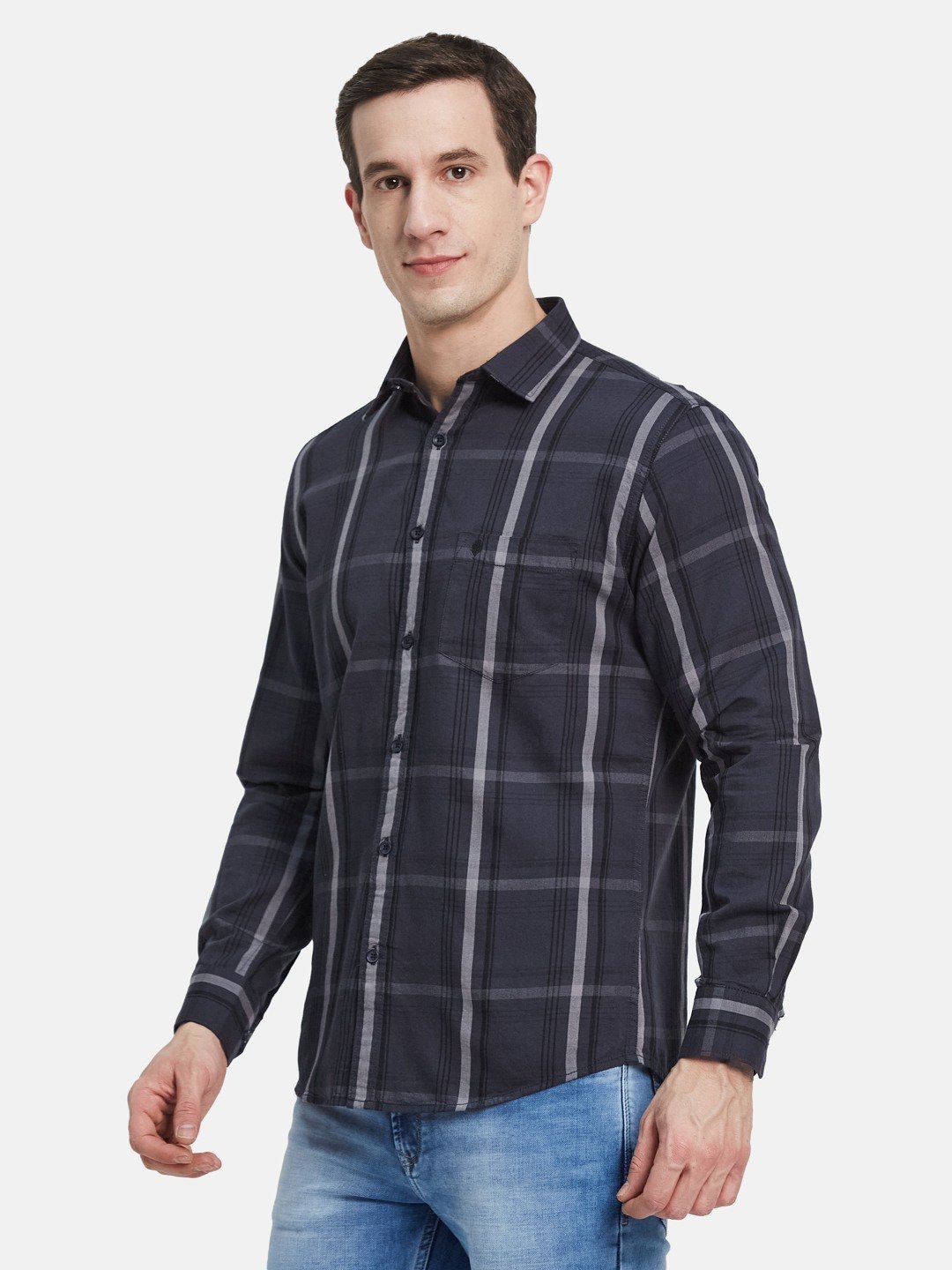 METTLE Men Spread Collar Buffalo Checked Cotton Casual Shirt