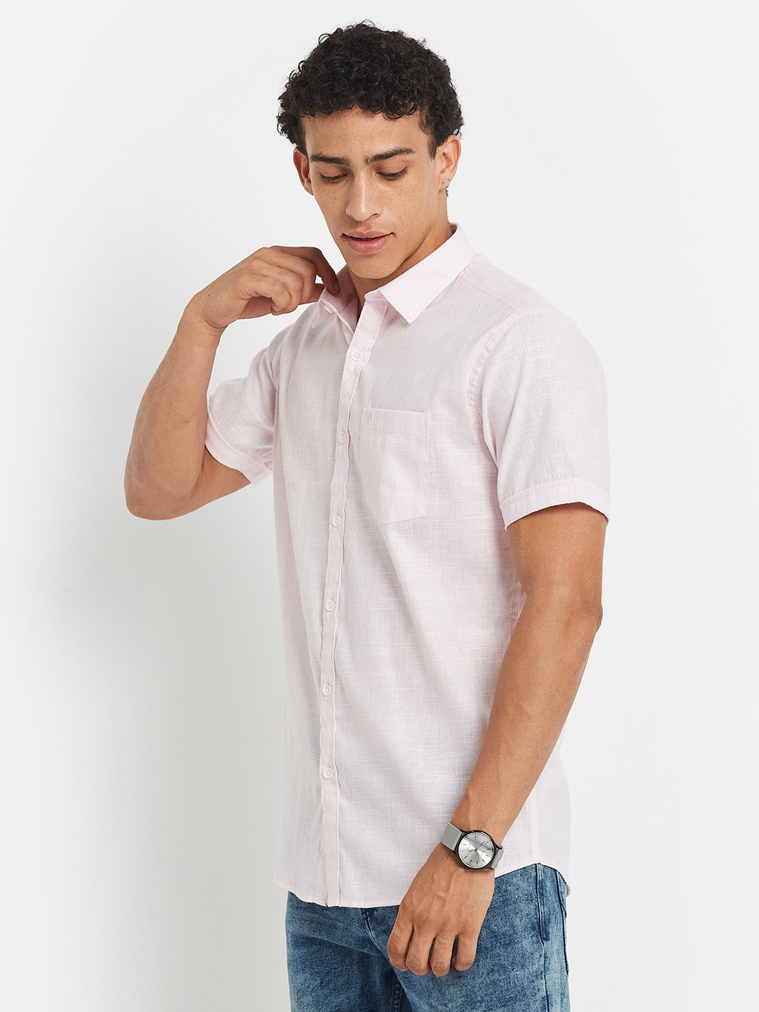 METTLE Men Solid Spread Collar Cotton Casual Shirt