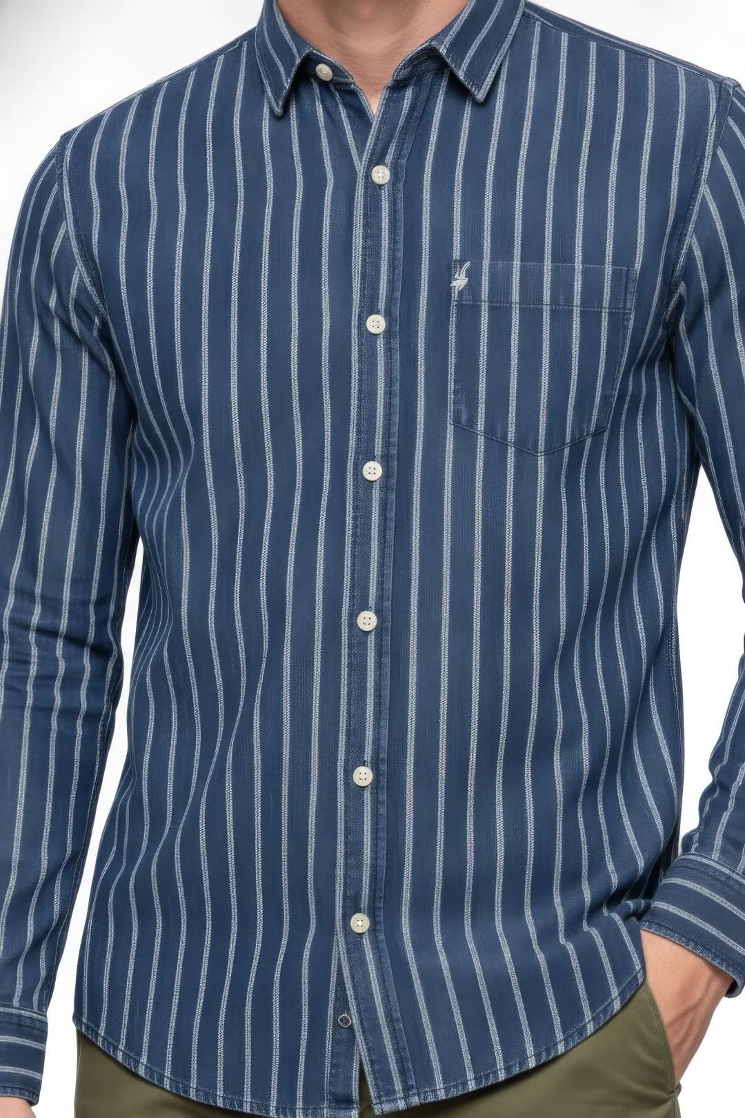 Men’s Indigo Full Sleeve Stripe Shirt – Cotton Dobby Fabric Casual Button-Down Shirt