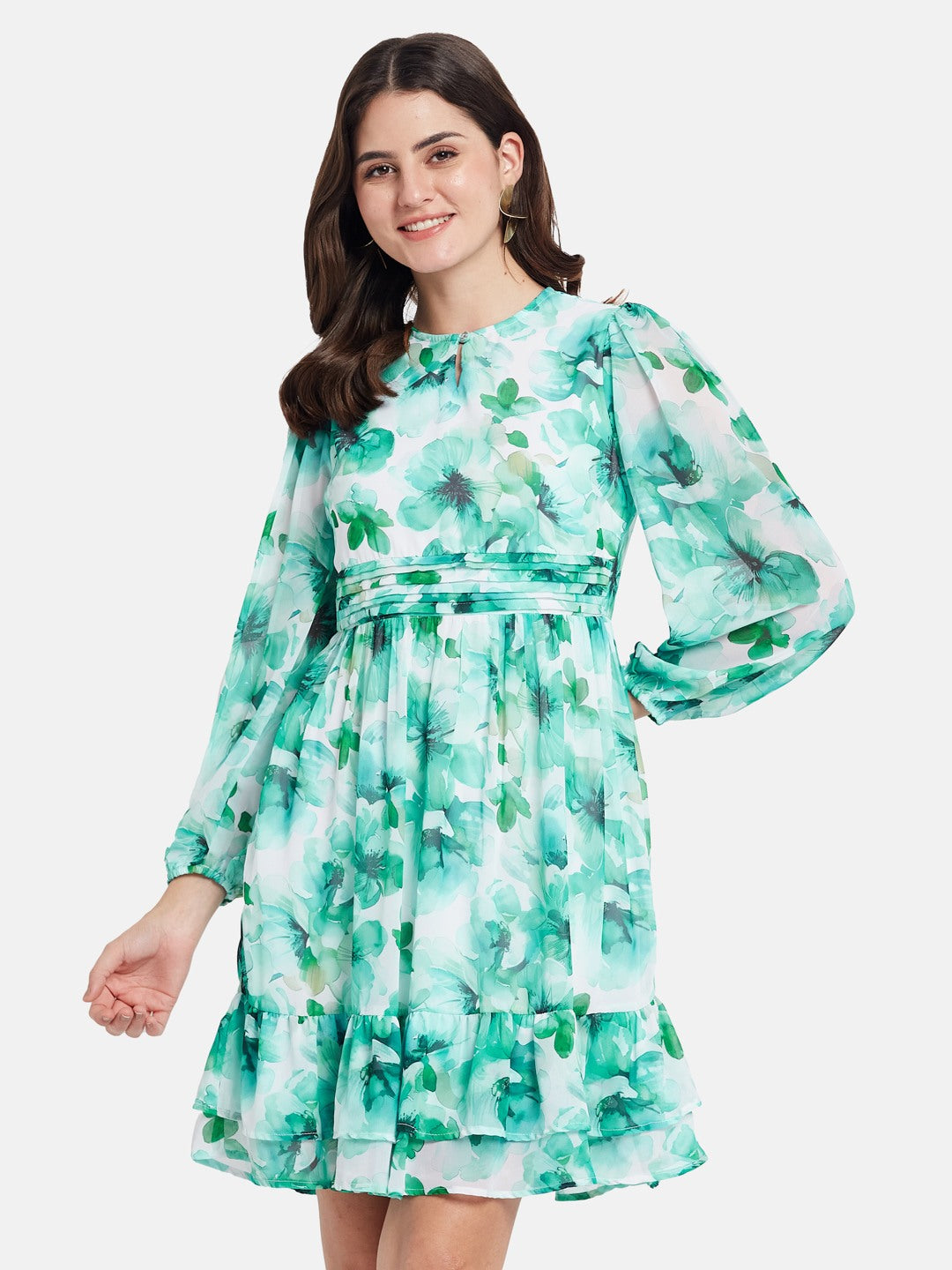 METTLE Women Floral Printed Round Neck Fit & Flare Mini Dress