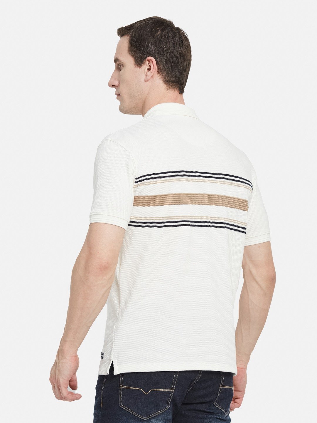 HORIZONTAL STRIPE POLO NECK POPCORN KNIT T-SHIRT