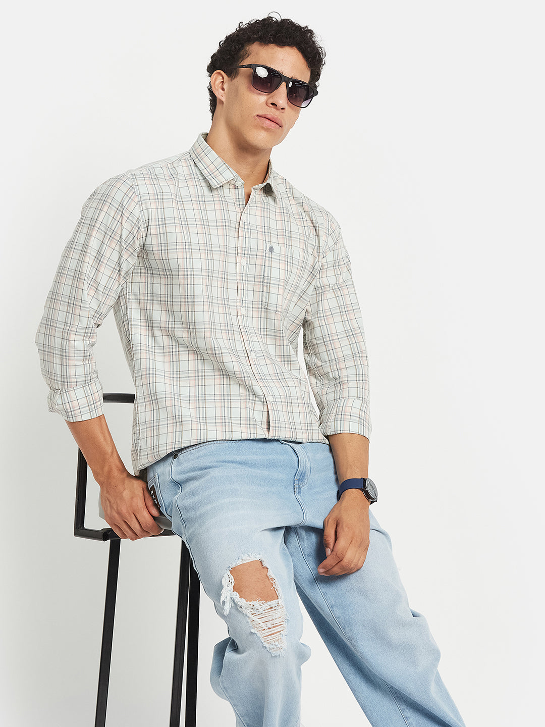 METTLE Men Tartan Checked Spread Collar Cotton Casual Shirt