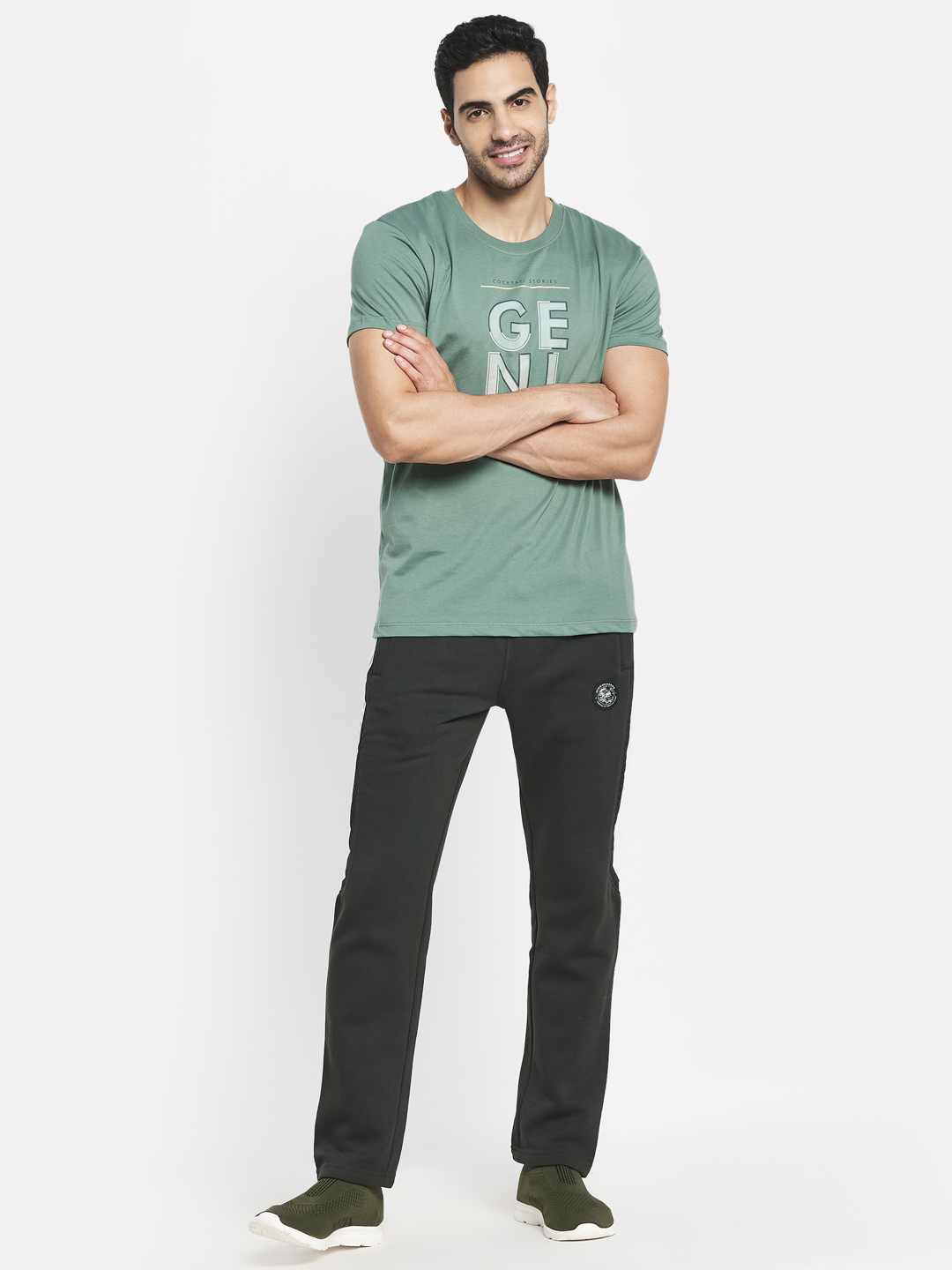 Octave Men Olive Green Typography Printed Raw Edge T-Shirt