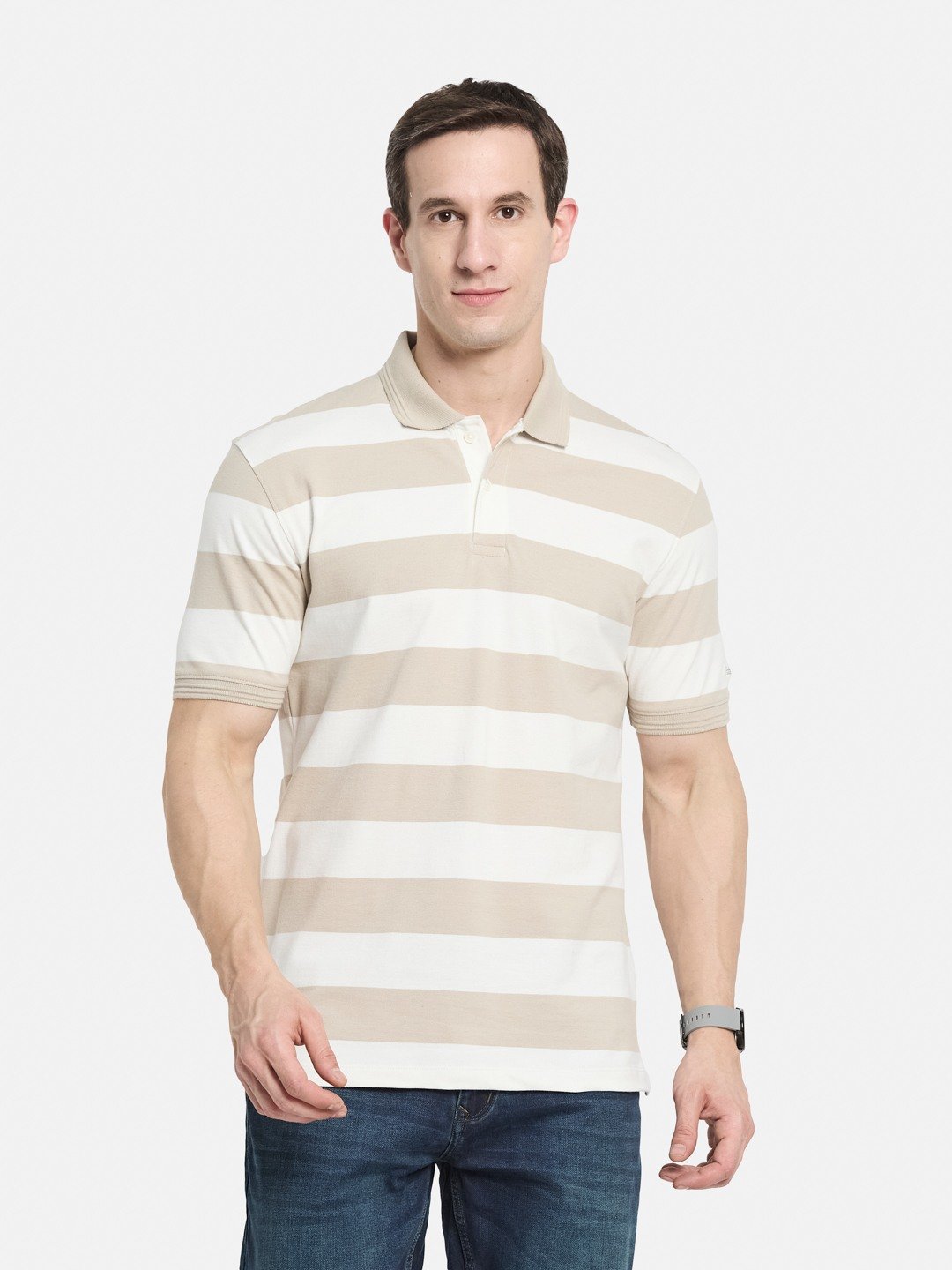 STRIPE POLO NECK PIQUE LYCRA T-SHIRT