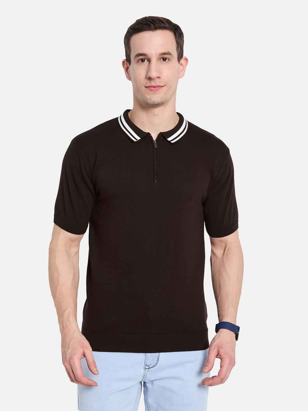 METTLE Men Polo Collar Monochrome T-shirt