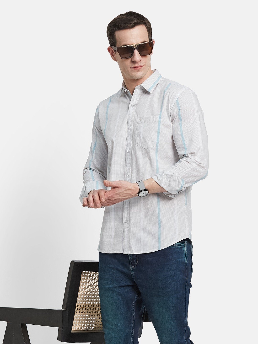 METTLE Men Spread Collar Vertical Striped Cotton Casual Shirt