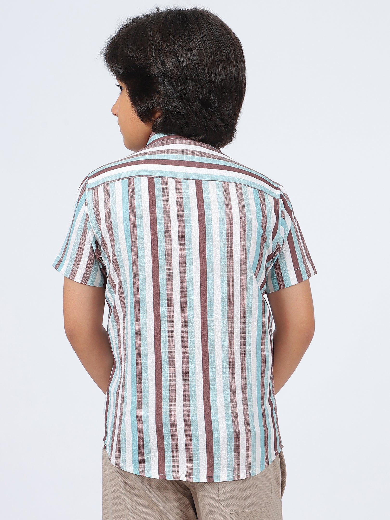 Octave Boys Multi Stripes Striped Spread Collar Short Sleeves Cotton Shirt