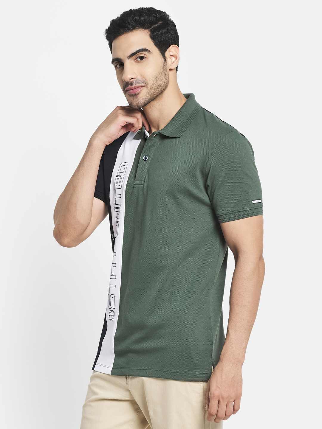 Octave Men Olive Green Colourblocked Polo Collar Applique T-Shirt