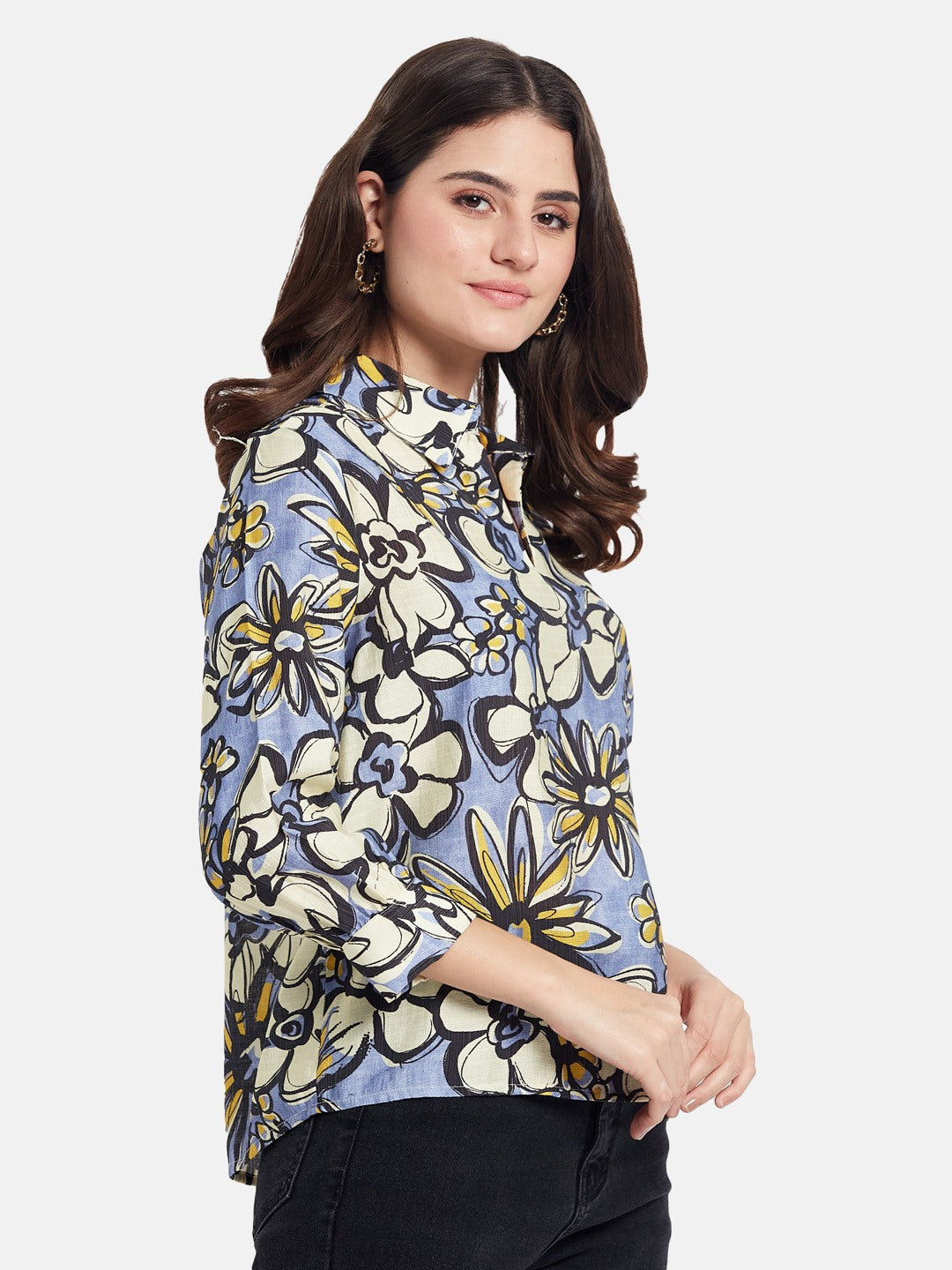 METTLE Women Floral Printed Shirt Collar Cuffed Sleeves Cotton Top