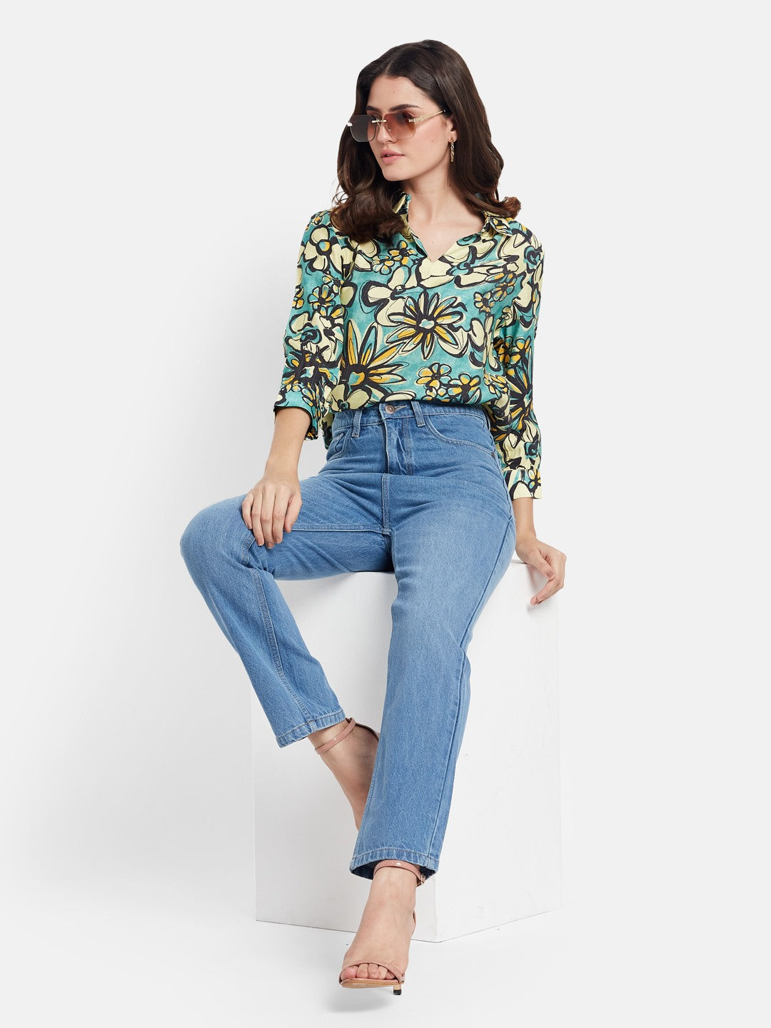 METTLE Women Floral Printed V-Neck Cotton Top