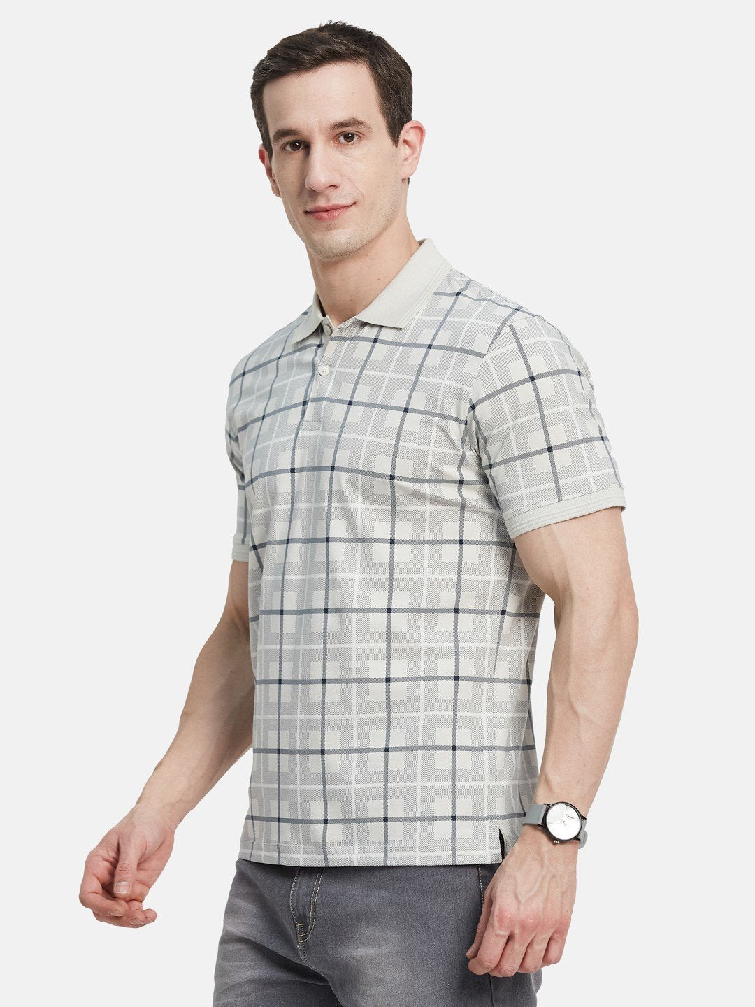AOP CHECK PRINT POLO NECK SINGLE JERSEY KNITLYCRA T-SHIRT