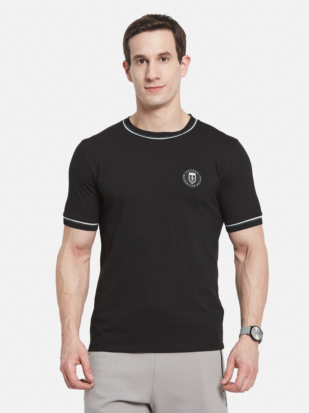 SOLID ROUND NECK POPCORN KNIT T-SHIRT