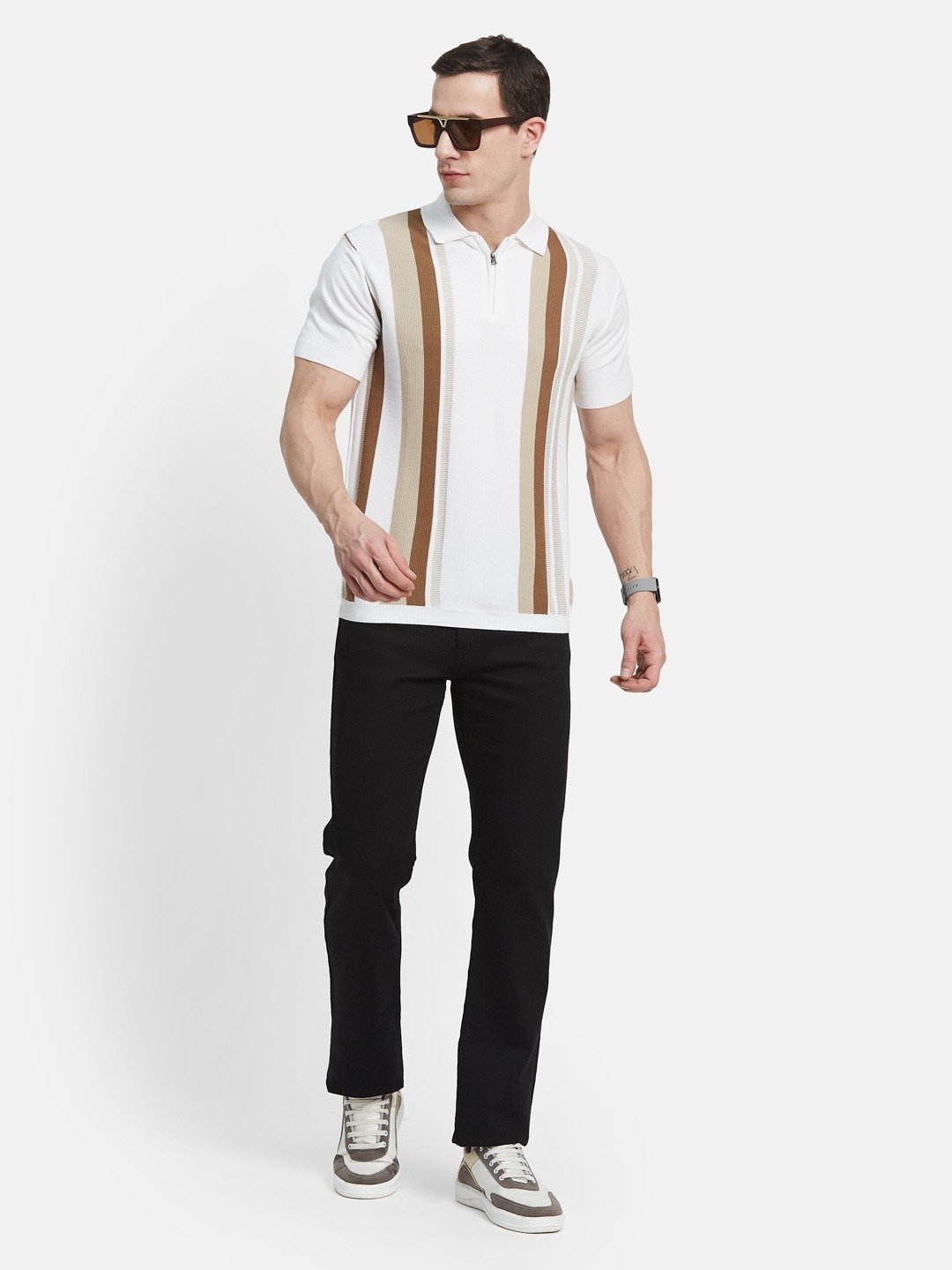 METTLE Men Striped Polo Collar Cotton T-shirt