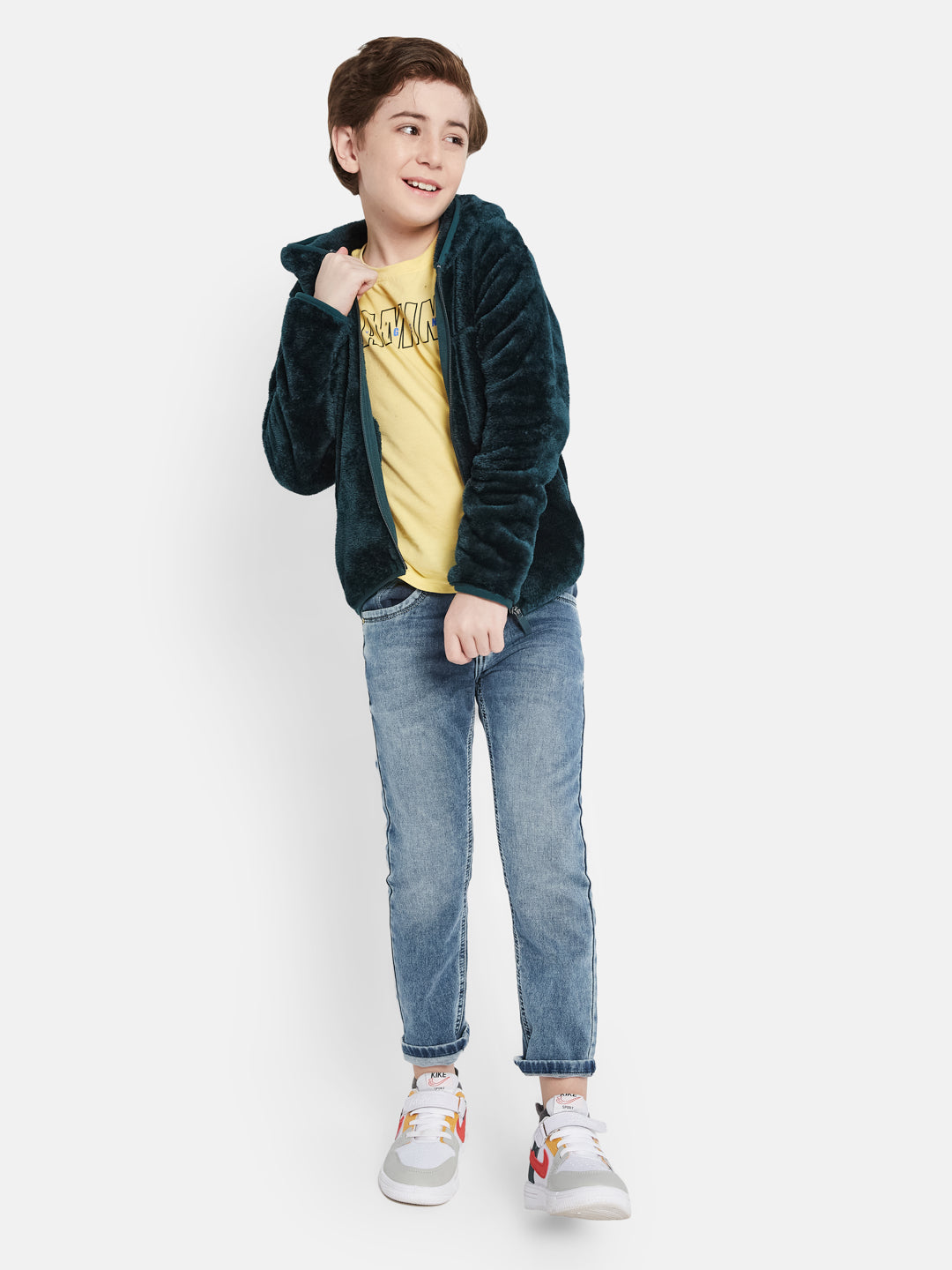 Octave Boys Self Design Front Open Fleece Hooded Sweatshirt