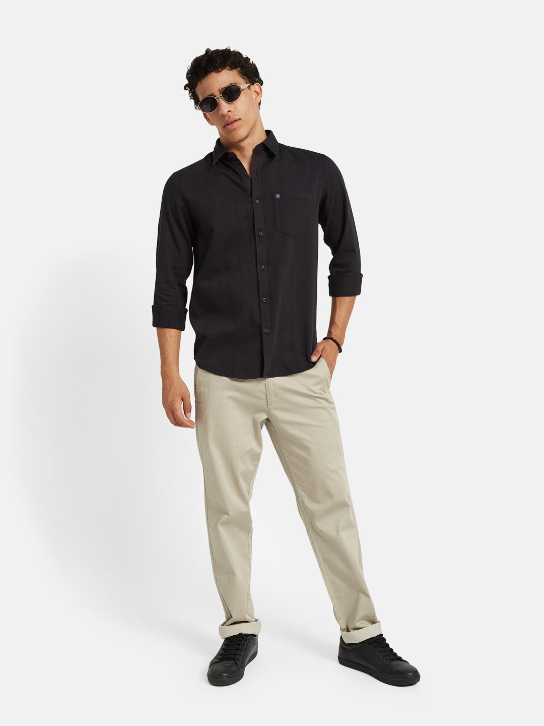 METTLE Men Textured Spread Collar Cotton Casual Shirt