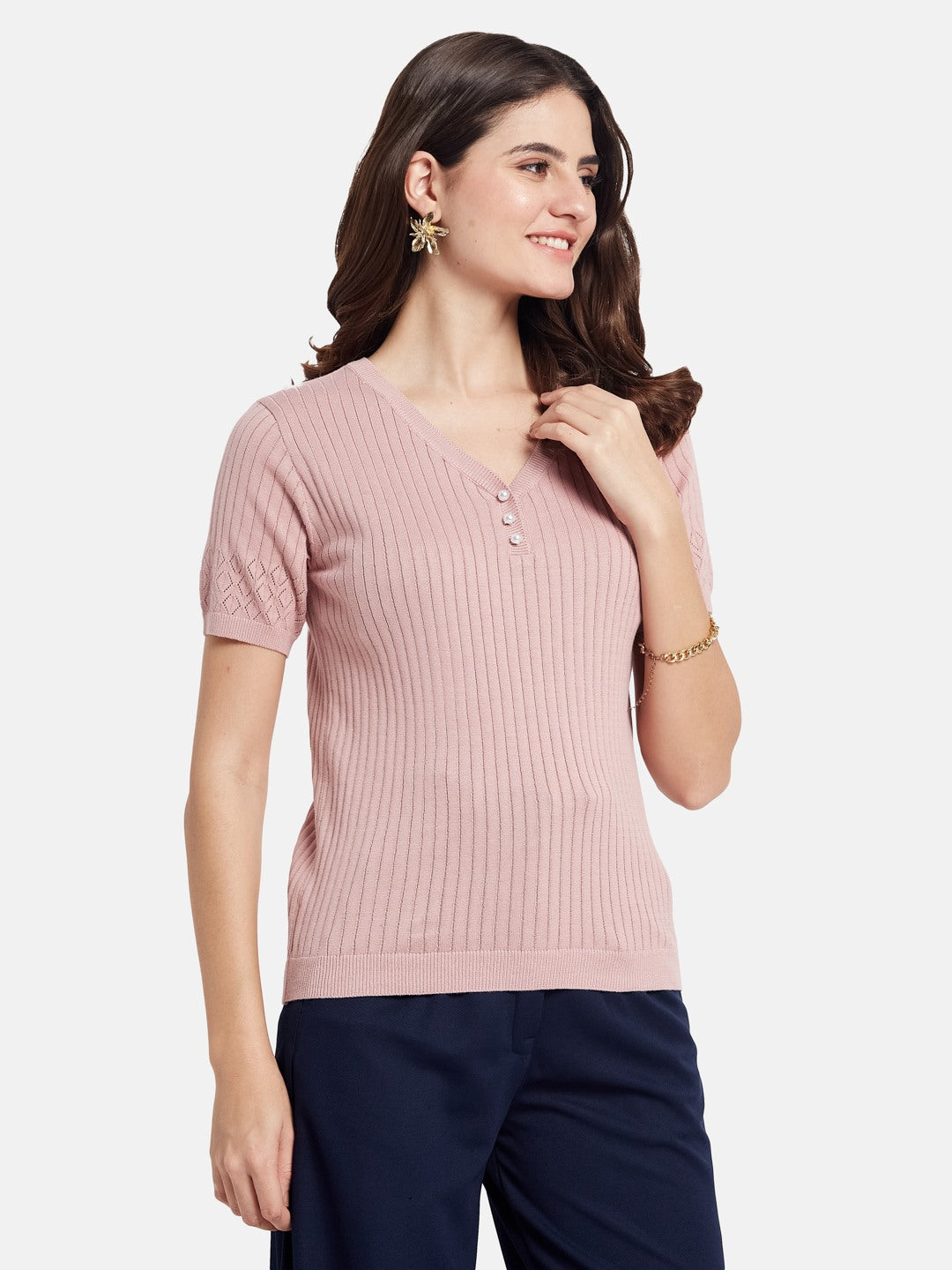 METTLE Self Design Printed V-Neck Cotton T-shirt