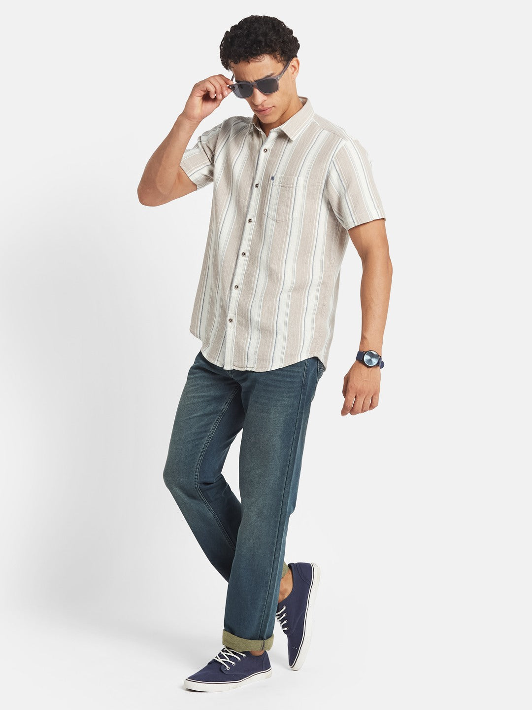 METTLE Striped Short Sleeves Spread Collar Cotton Opaque Regular Fit Casual Shirt