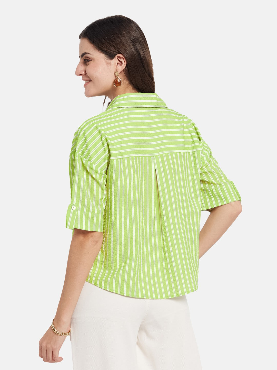 METTLE Striped Short Sleeves Spread Collar Cotton Opaque Regular Fit Casual Shirt