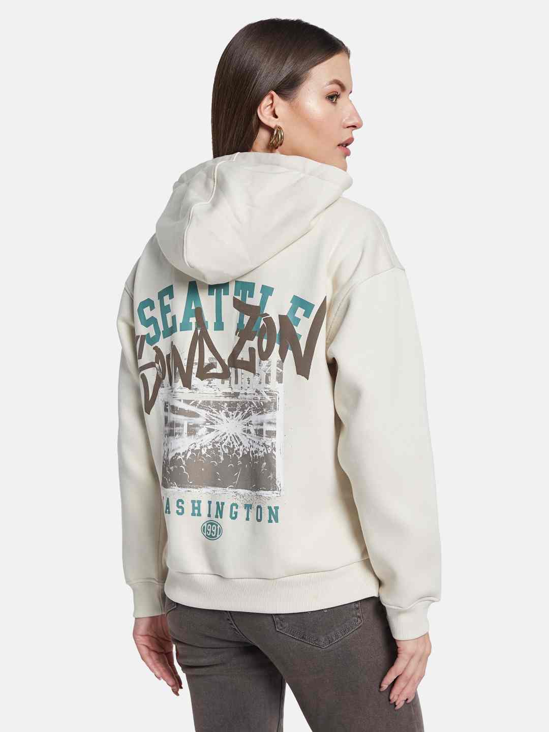 METTLE Women Printed Hooded Sweatshirt