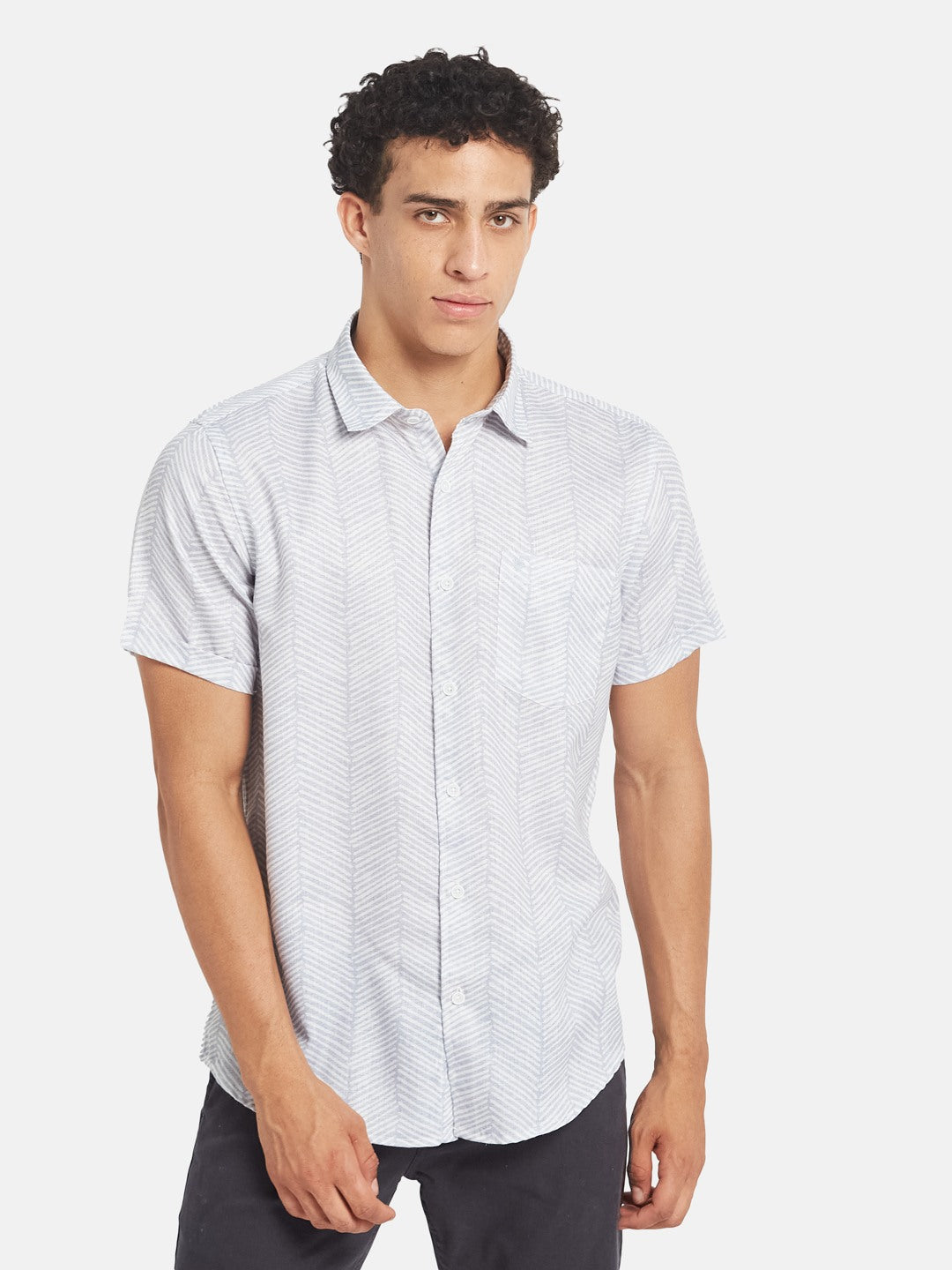 METTLE SS25 Geometric Printed Spread Collar Casual Cotton Shirt