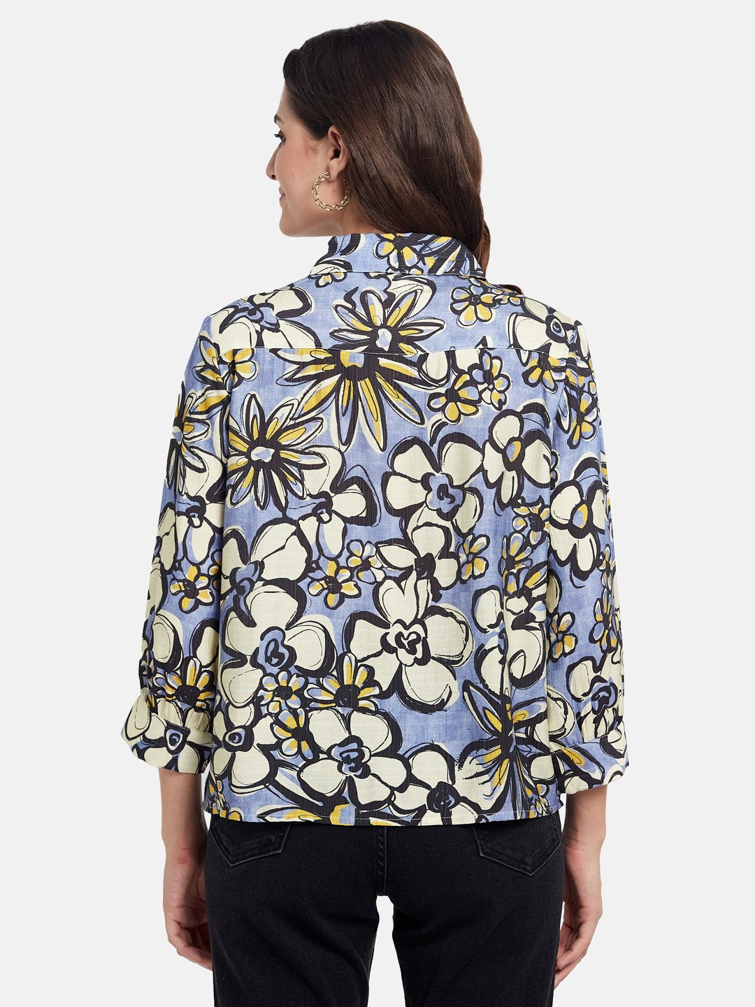 METTLE Women Floral Printed Shirt Collar Cuffed Sleeves Cotton Top