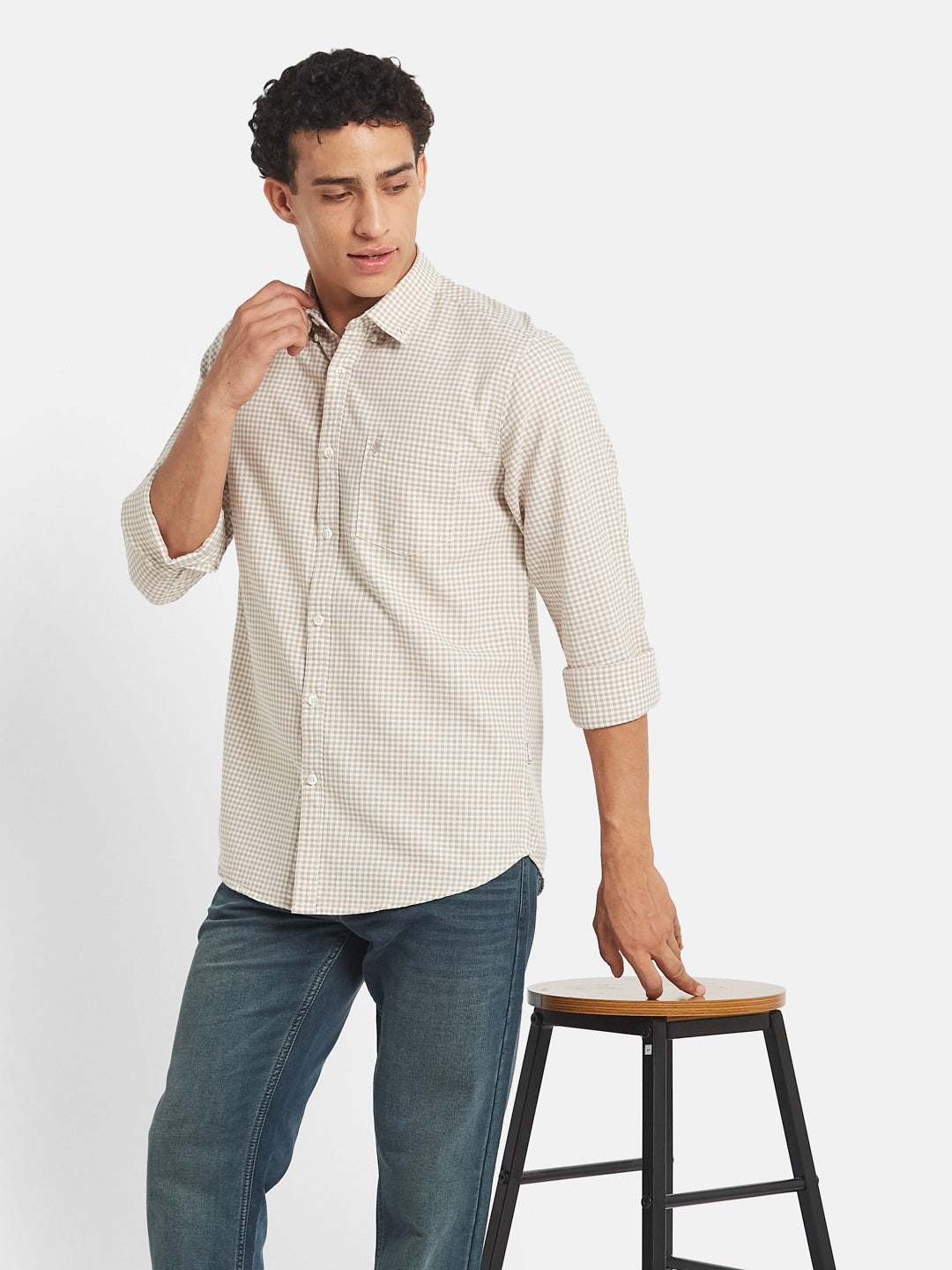 METTLE SS25 Checked Spread Collar Cotton Casual Shirt