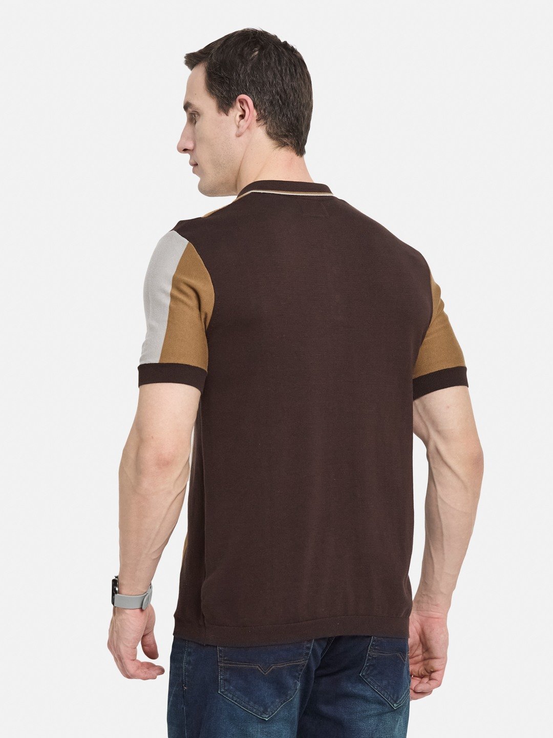 METTLE Men Colourblocked Polo Collar Cotton T-shirt