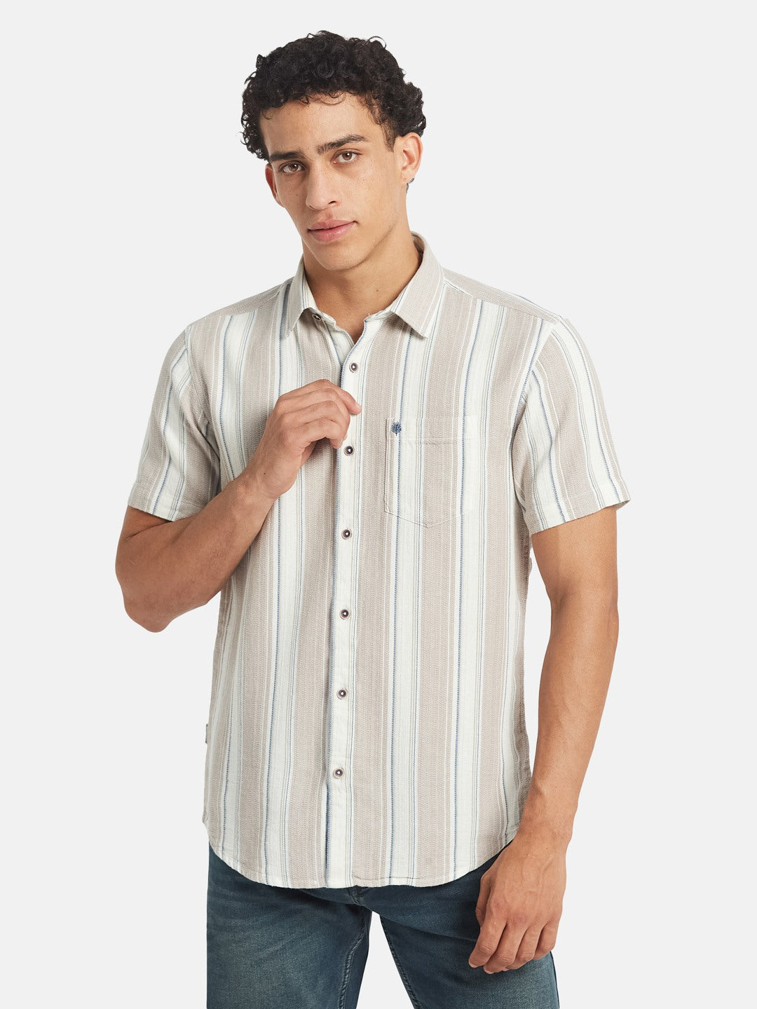 METTLE Striped Short Sleeves Spread Collar Cotton Opaque Regular Fit Casual Shirt