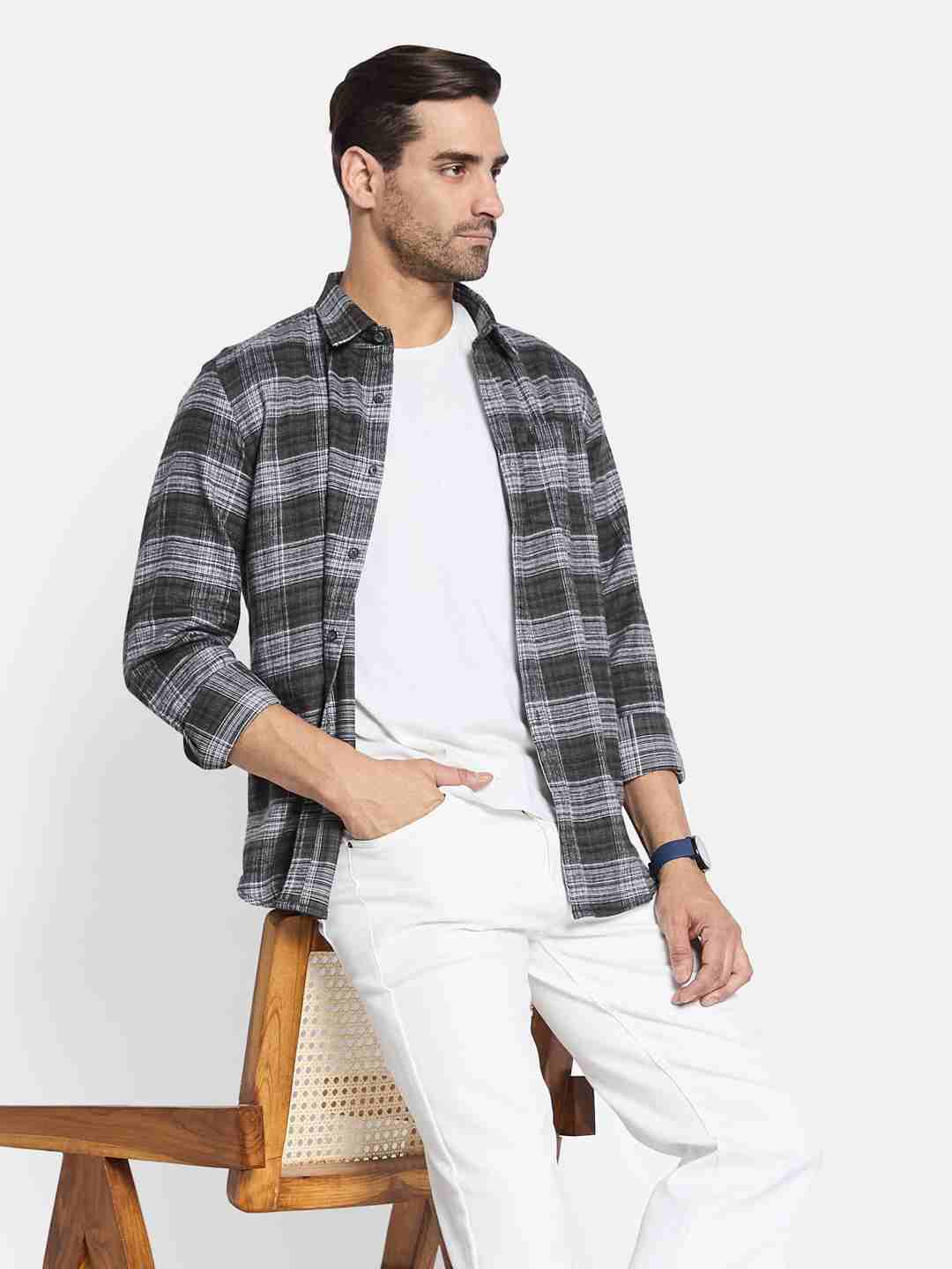 METTLE Men Spread Collar Checked Cotton Casual Shirt