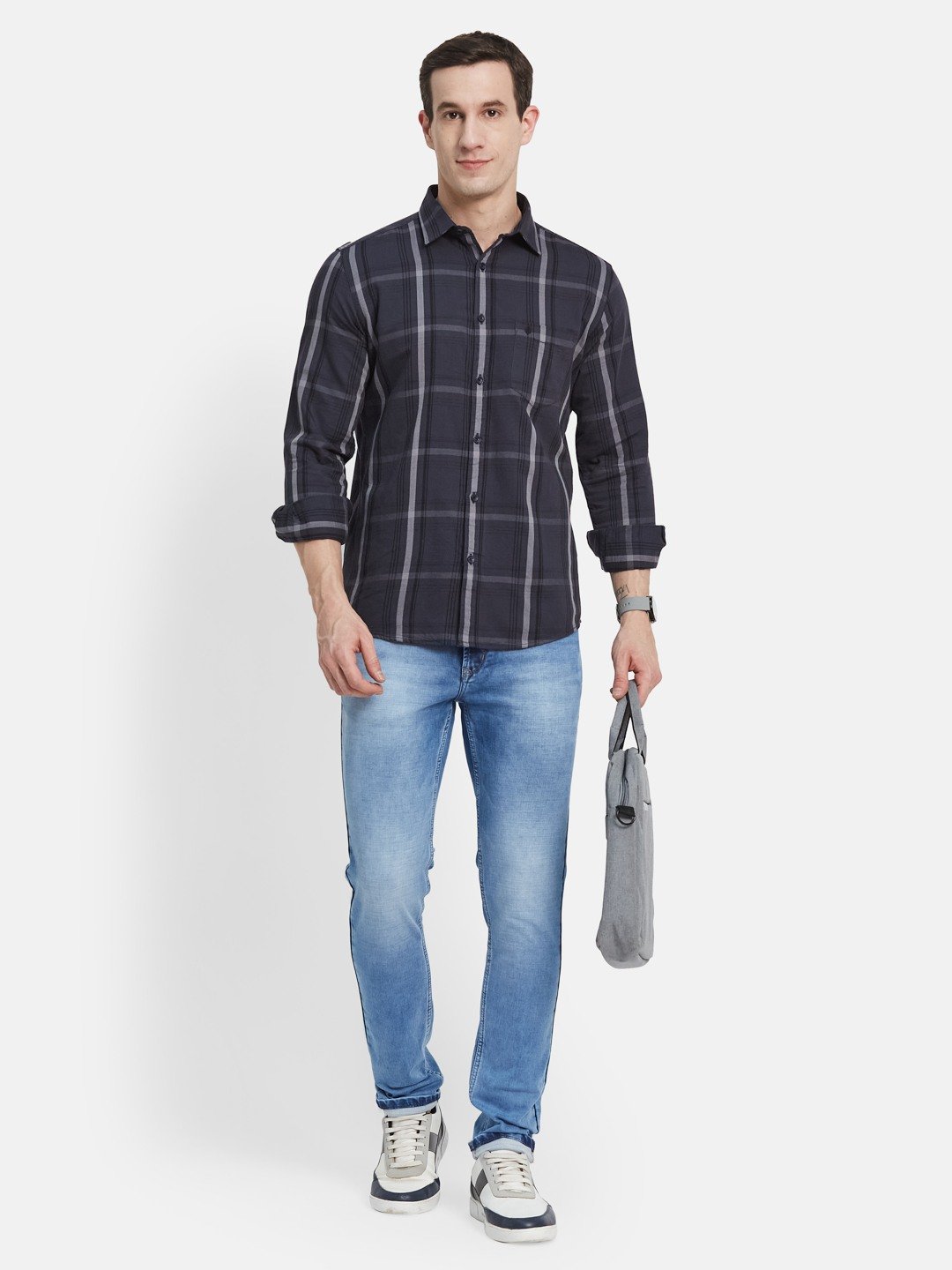 METTLE Men Spread Collar Buffalo Checked Cotton Casual Shirt