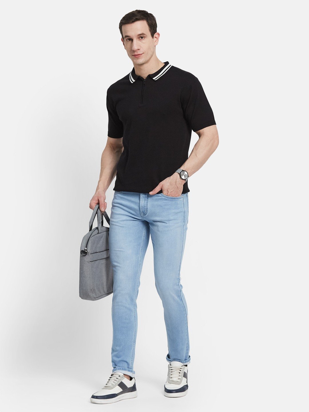METTLE Men Solid Polo Collar Cotton T-shirt